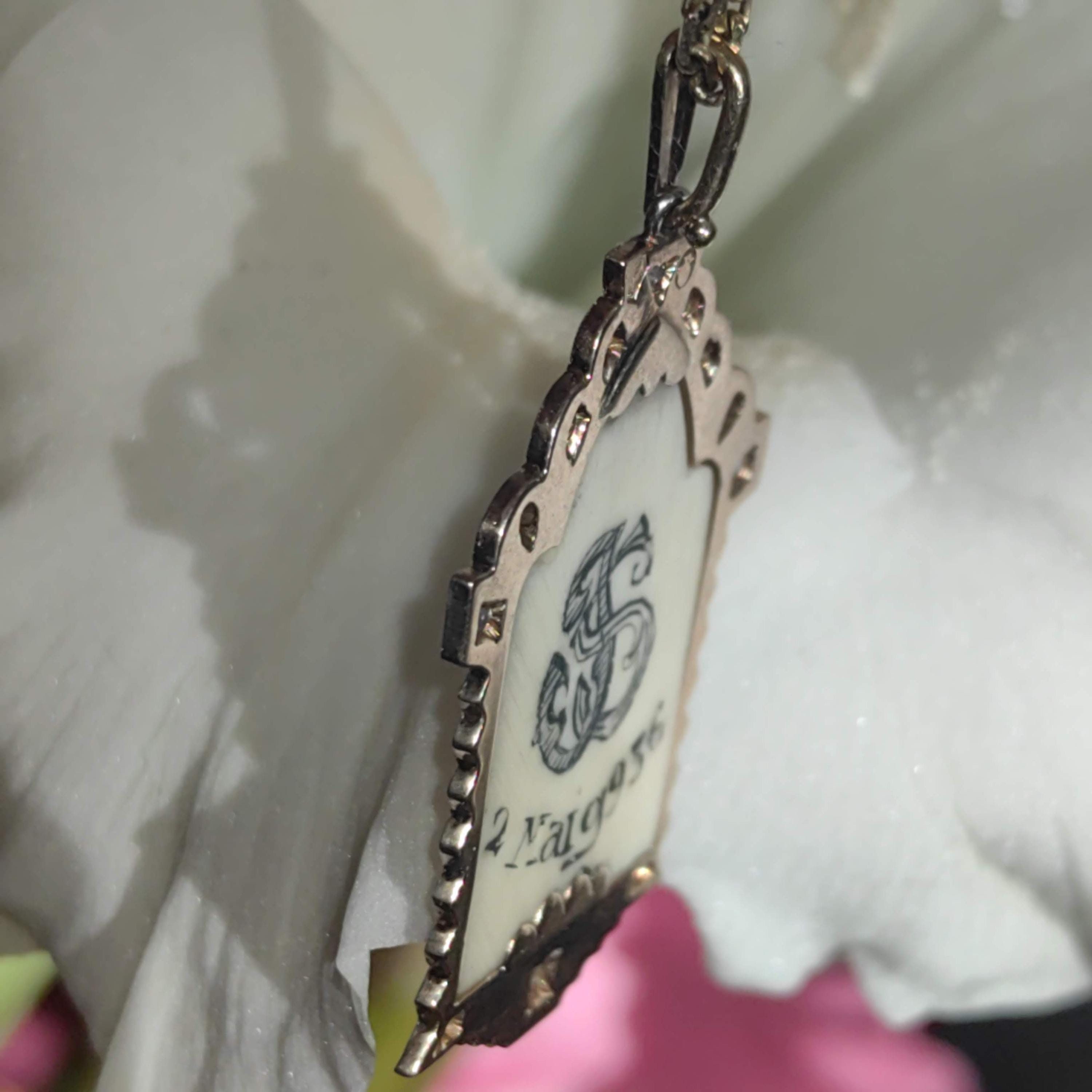 Vintage 1930s Diamond Bone Hand Carved Cameo Pendant 18k Gold & Platinum Bone Portrait Medal Antique Present