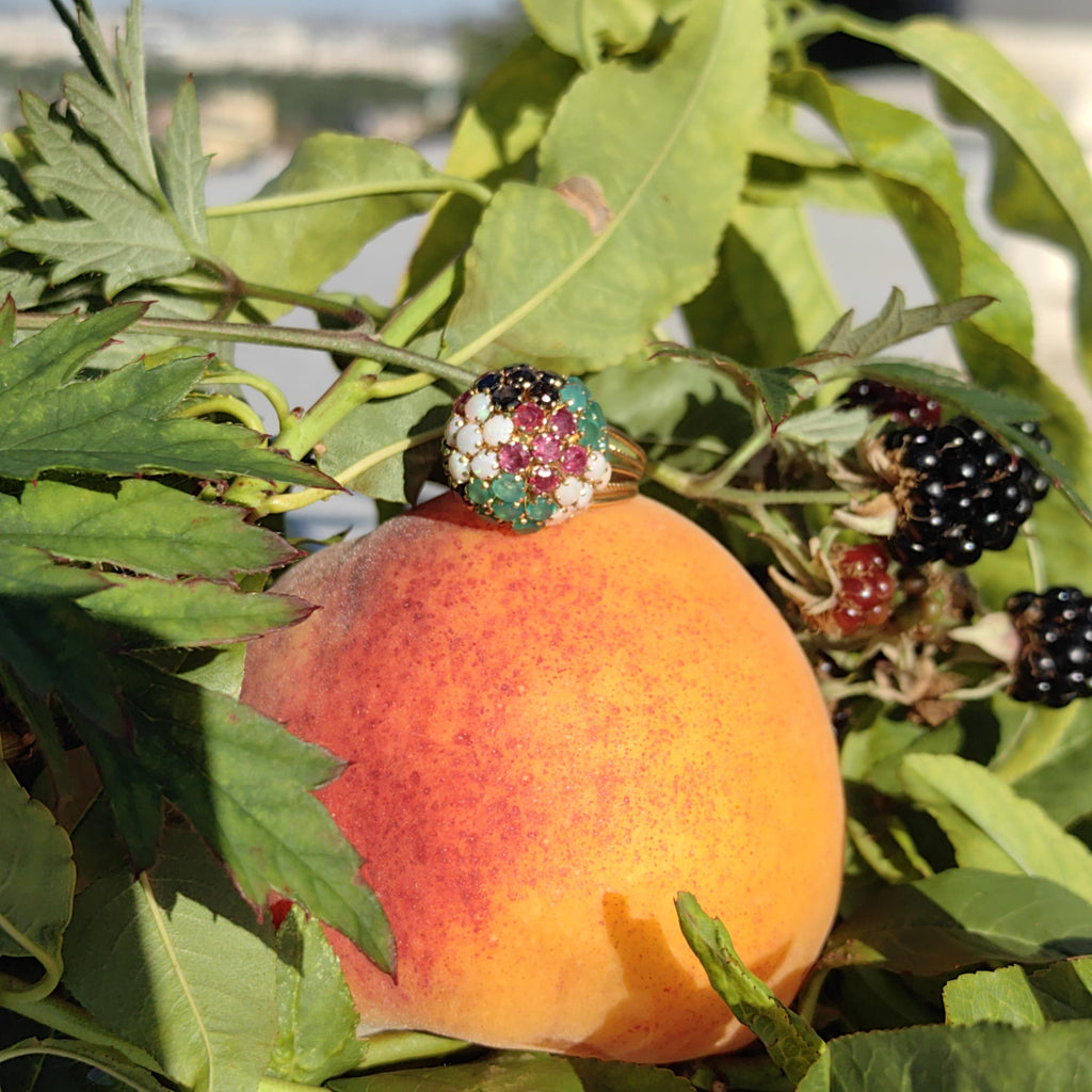 14k Gold Multi-Stone Bombe Ring: Emerald, Ruby, Opal, Sapphire Floral Design