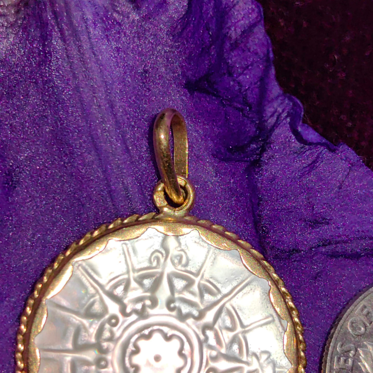 Vintage 1970s Hand Carved Mother of Pearl 18k Gold Pendant
