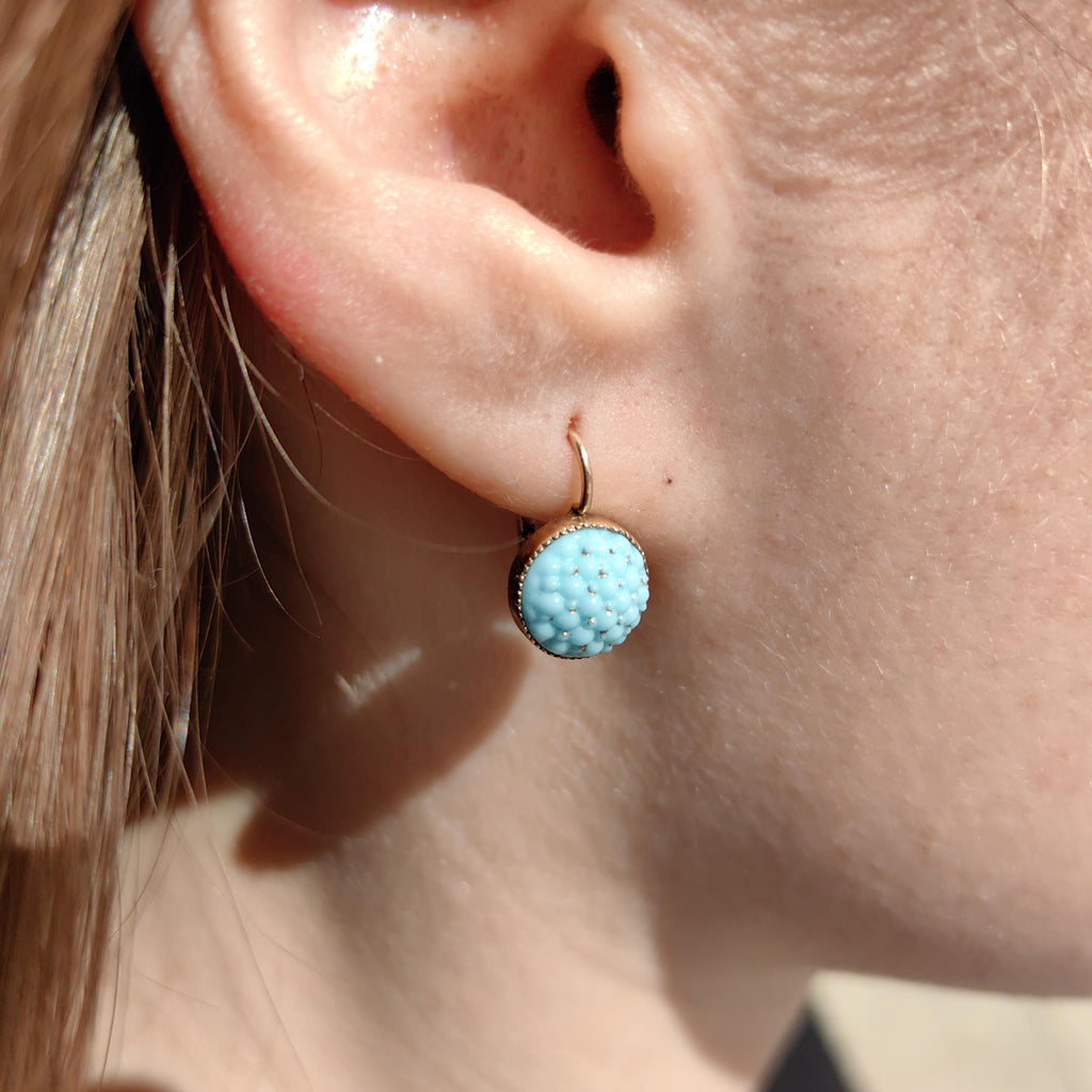 Antique 14k Yellow Rose Champagne Gold Turquoise Porcelain Dormouse Earrings Art Nouveau Floral Design Dangle Earrings