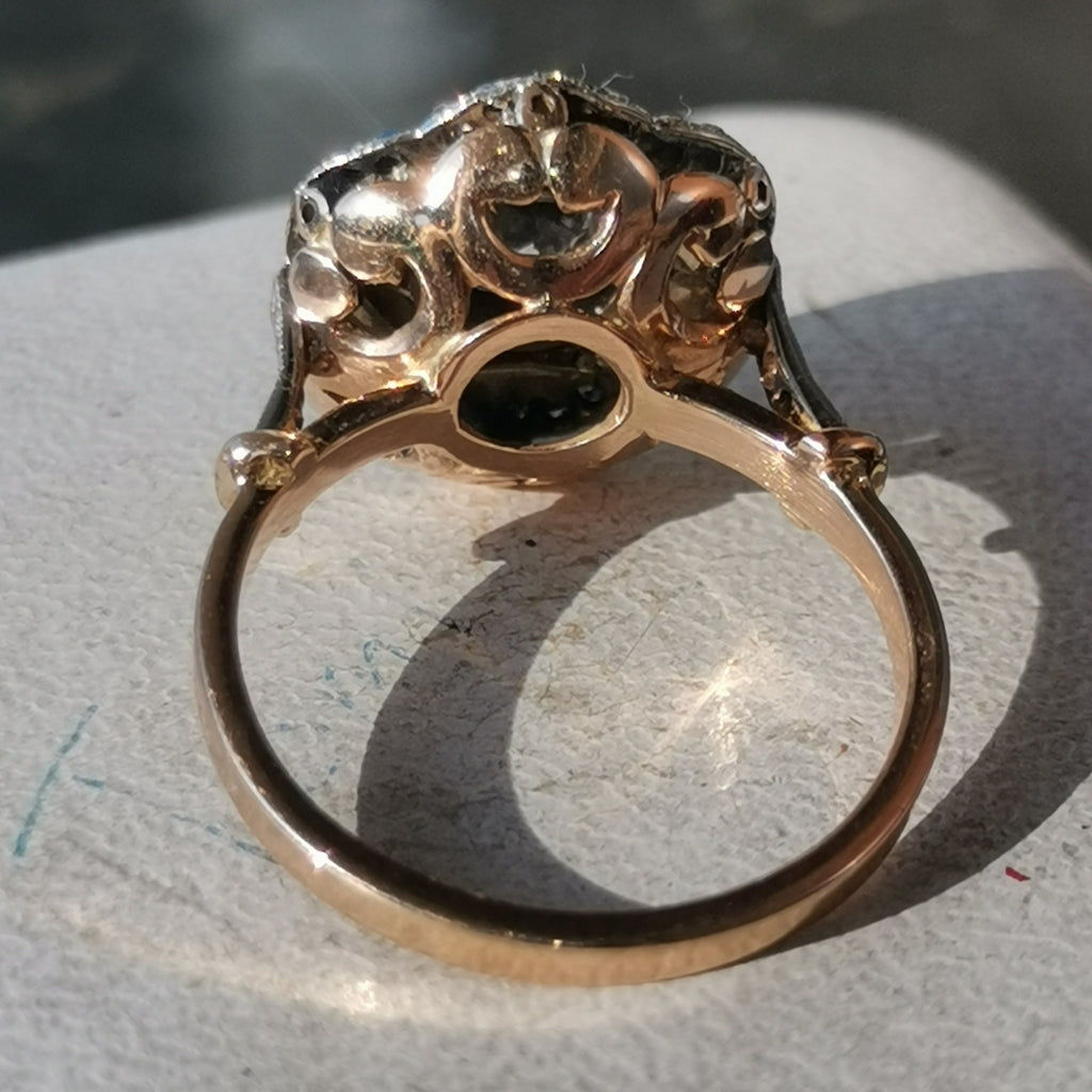 Art Deco Diamond Enamel Ring: 2.15ct Old European Cut, 14k Yellow Gold