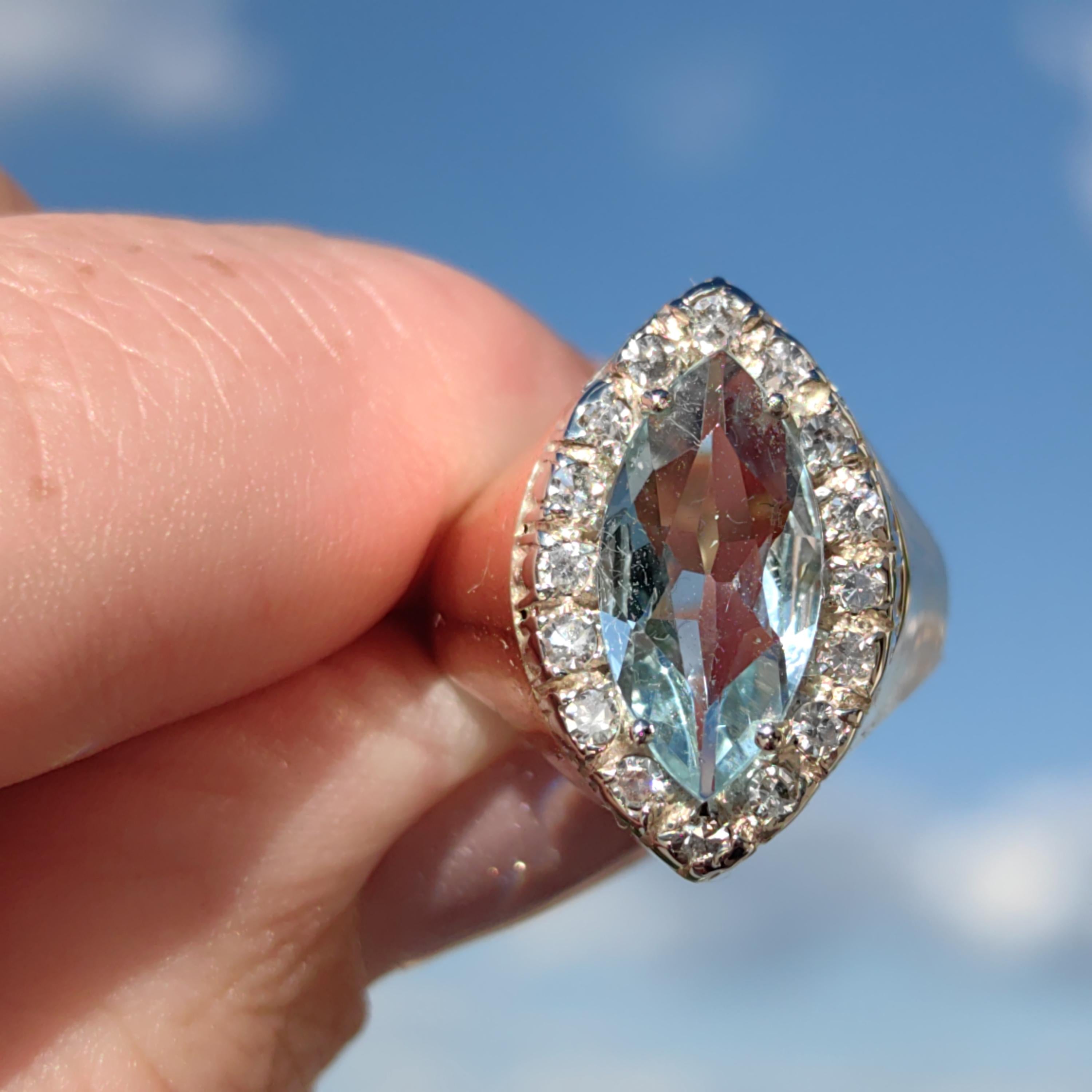 Vintage Art Deco Aquamarine Diamond Ring: 14k Yellow Gold Marquise Cut