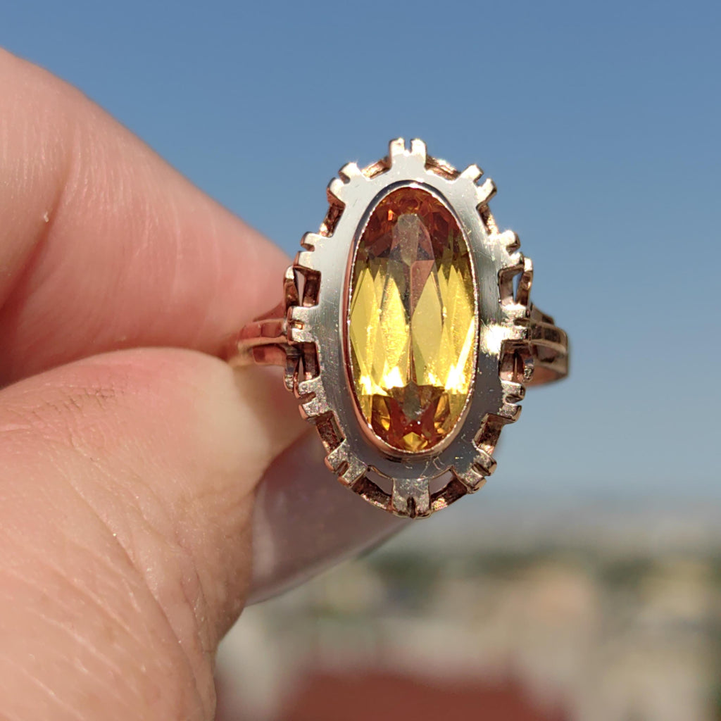 Art Deco Citrine Statement Ring: 14k Yellow & Rose Gold, 1940s Vintage