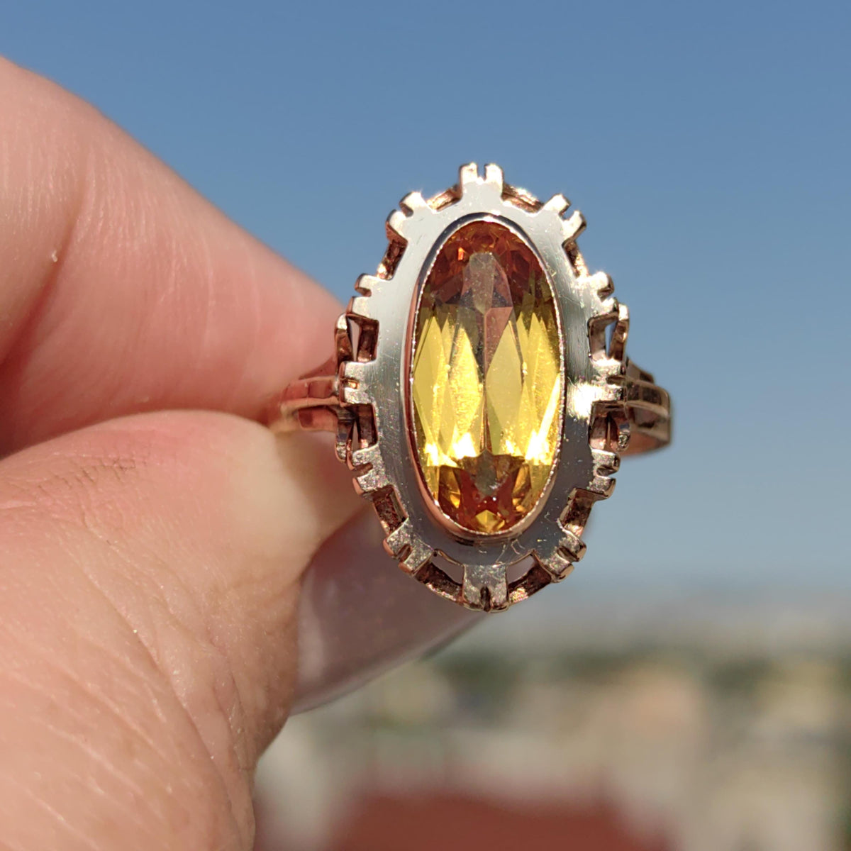 Art Deco Citrine Statement Ring: 14k Yellow & Rose Gold, 1940s Vintage