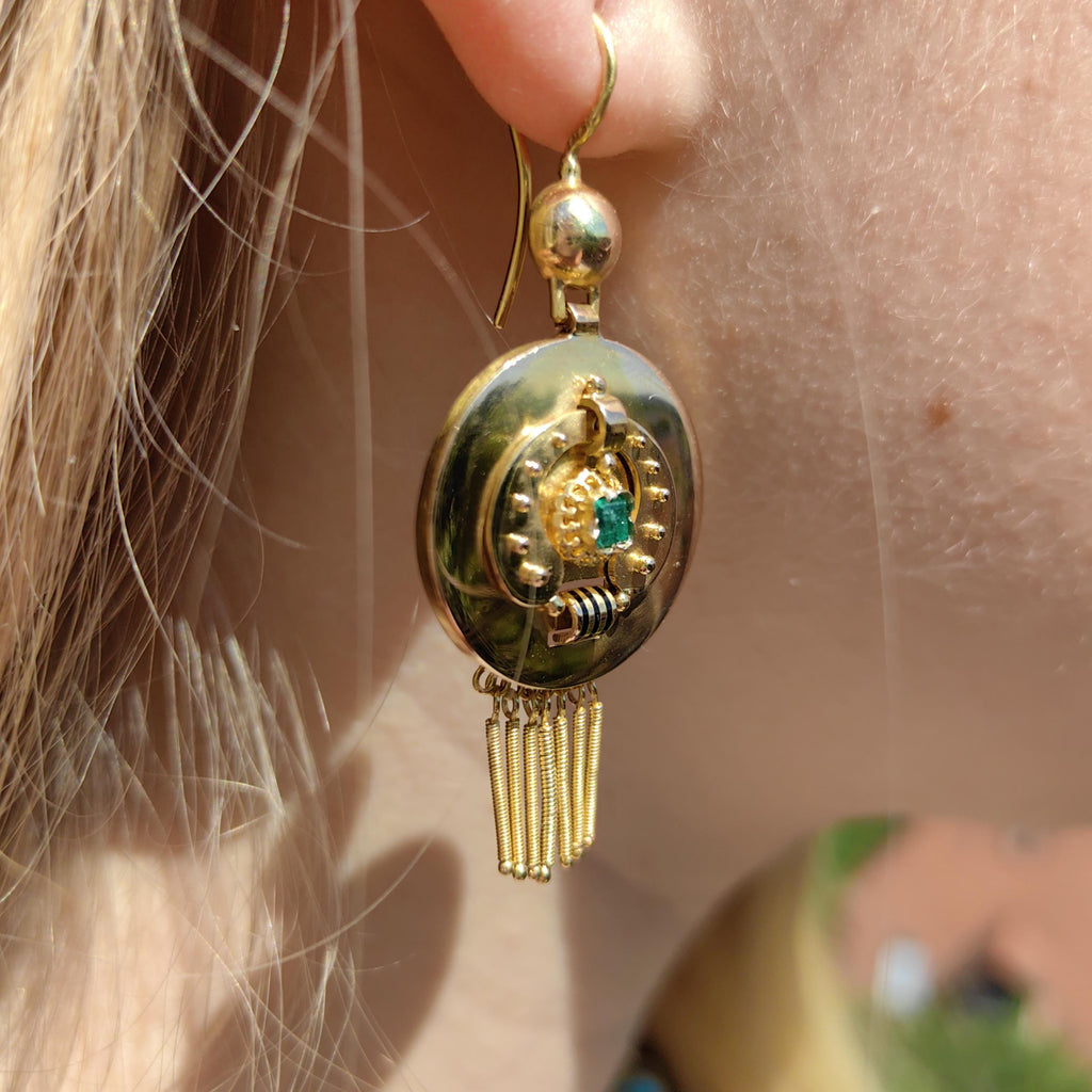 Victorian 18K Gold Emerald Dangle Earrings: Enamel Antique Jewelry