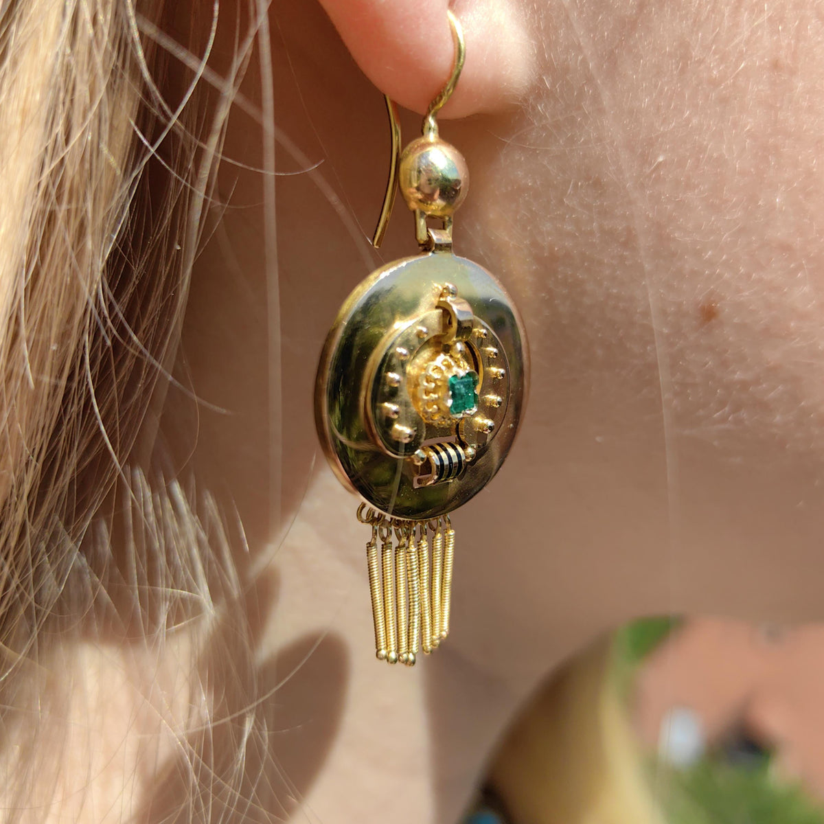 Victorian 18K Gold Emerald Dangle Earrings: Enamel Antique Jewelry