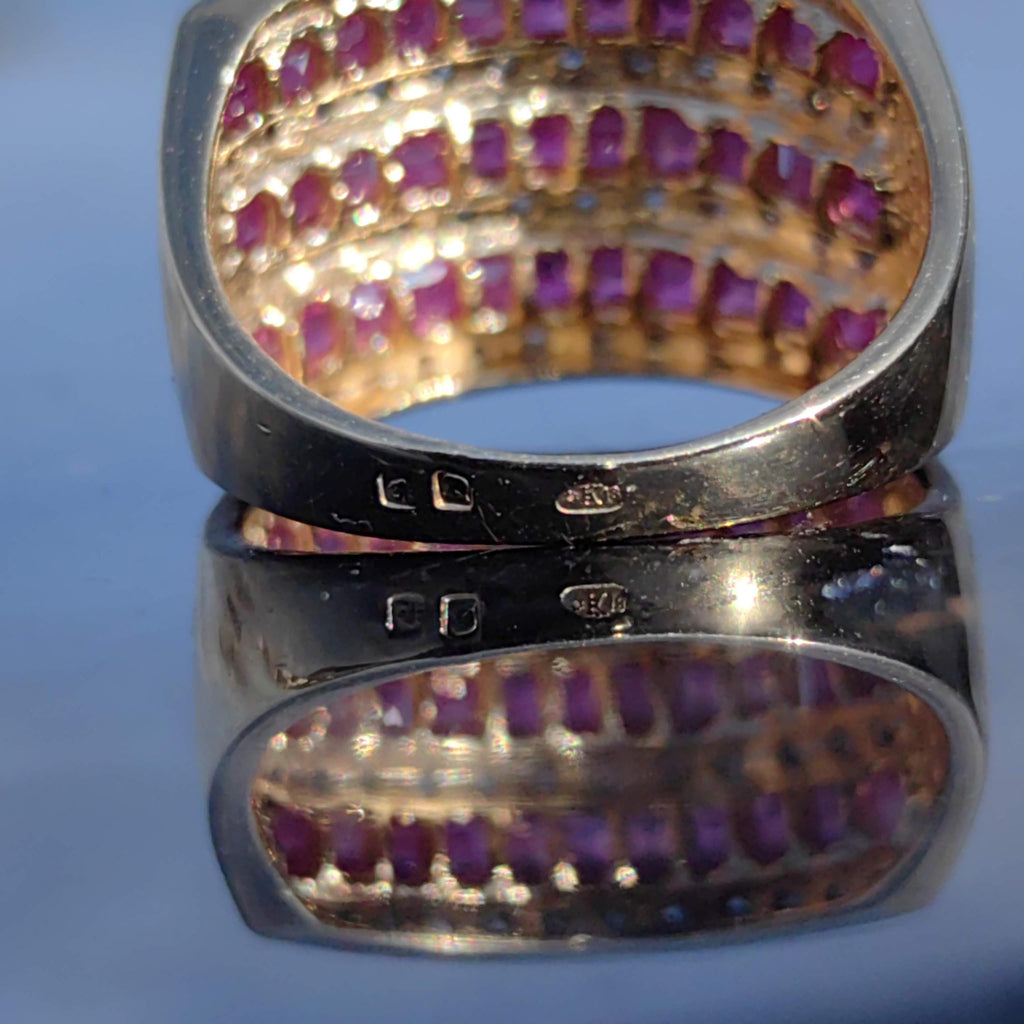 Vintage 18k Solid Yellow Gold Natural Raspberry Red Ruby and Diamond Statement Wide Ring Unisex Size 7.25
