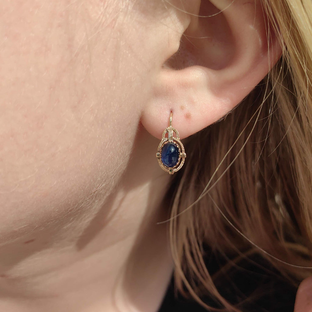 1940s Late Art Deco Natural Sapphire Cabochon 14k Yellow Gold Earrings, Vintage Dangle Lever Back Earrings, Gift for Her Present