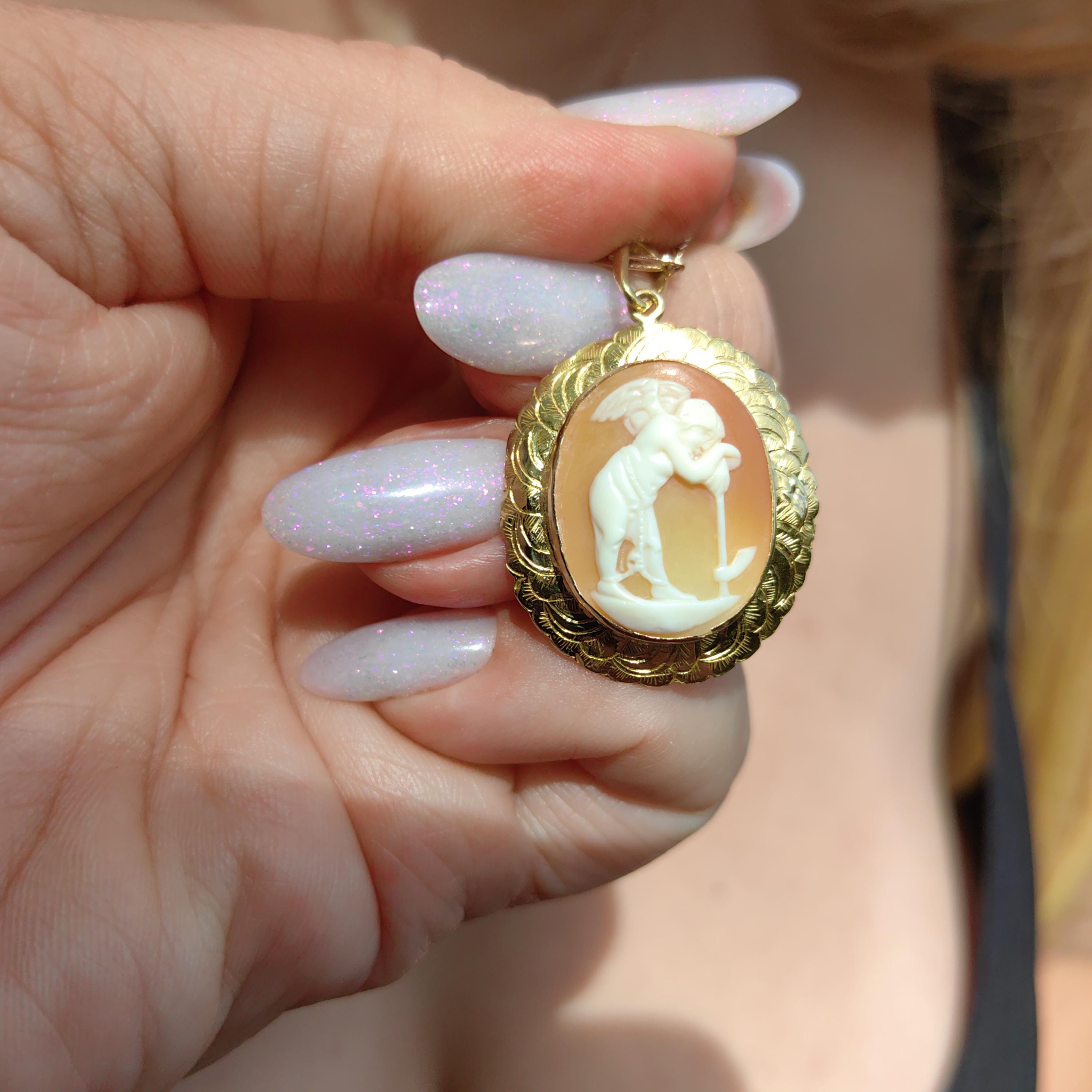 Victorian 18k Gold Shell Cameo Brooch Pendant: Angel, Hope & Faith
