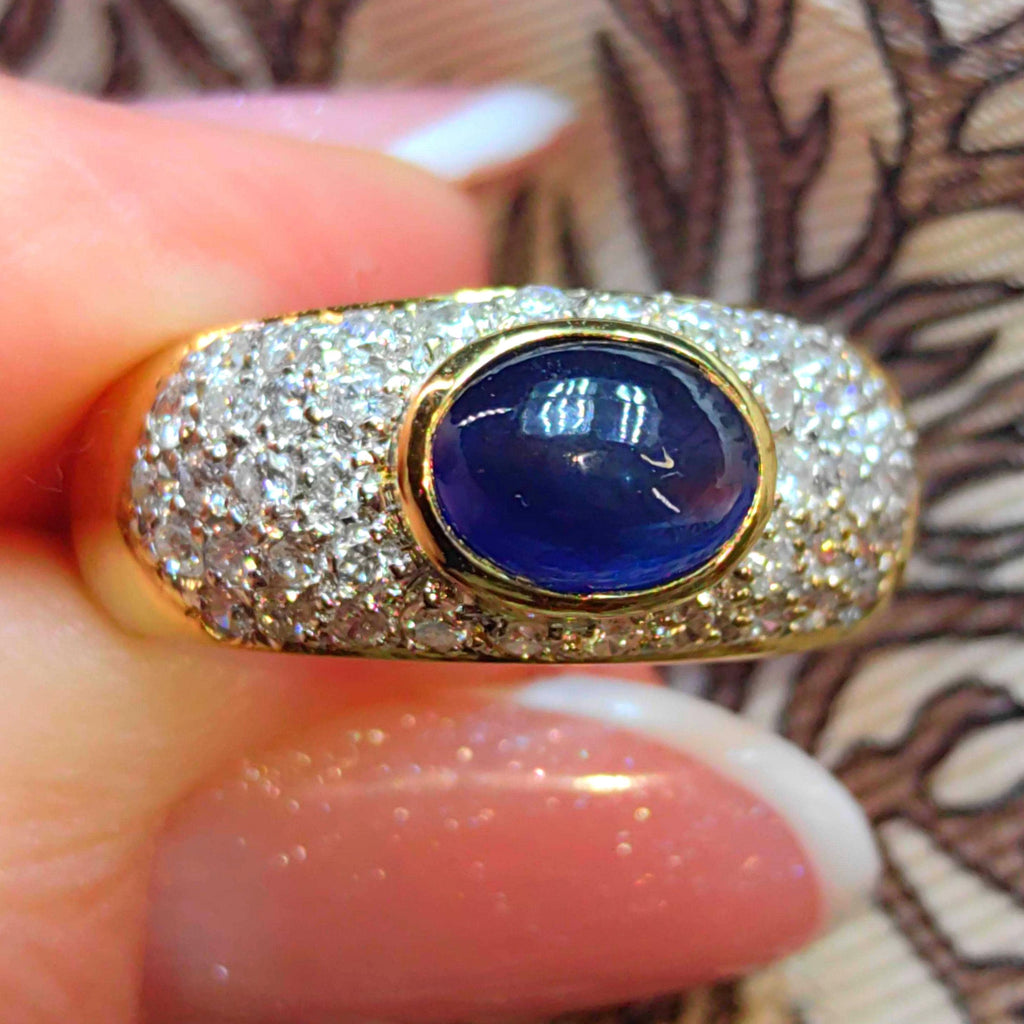 18k Gold Cabochon Sapphire & Diamond Ring - Unisex Statement