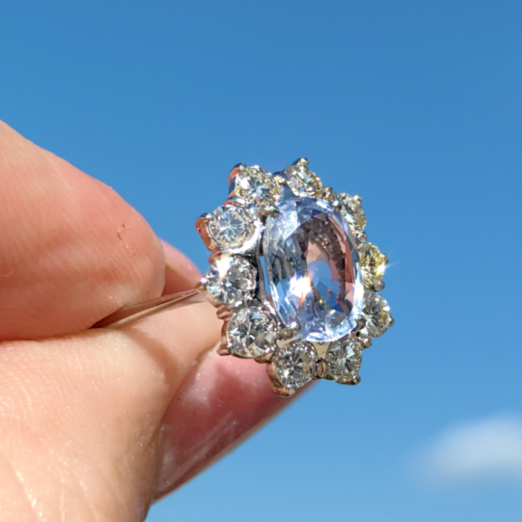 Mid Century Icy Cornflower Blue Sapphire Diamond Ring: 18k White Gold Diana Ring