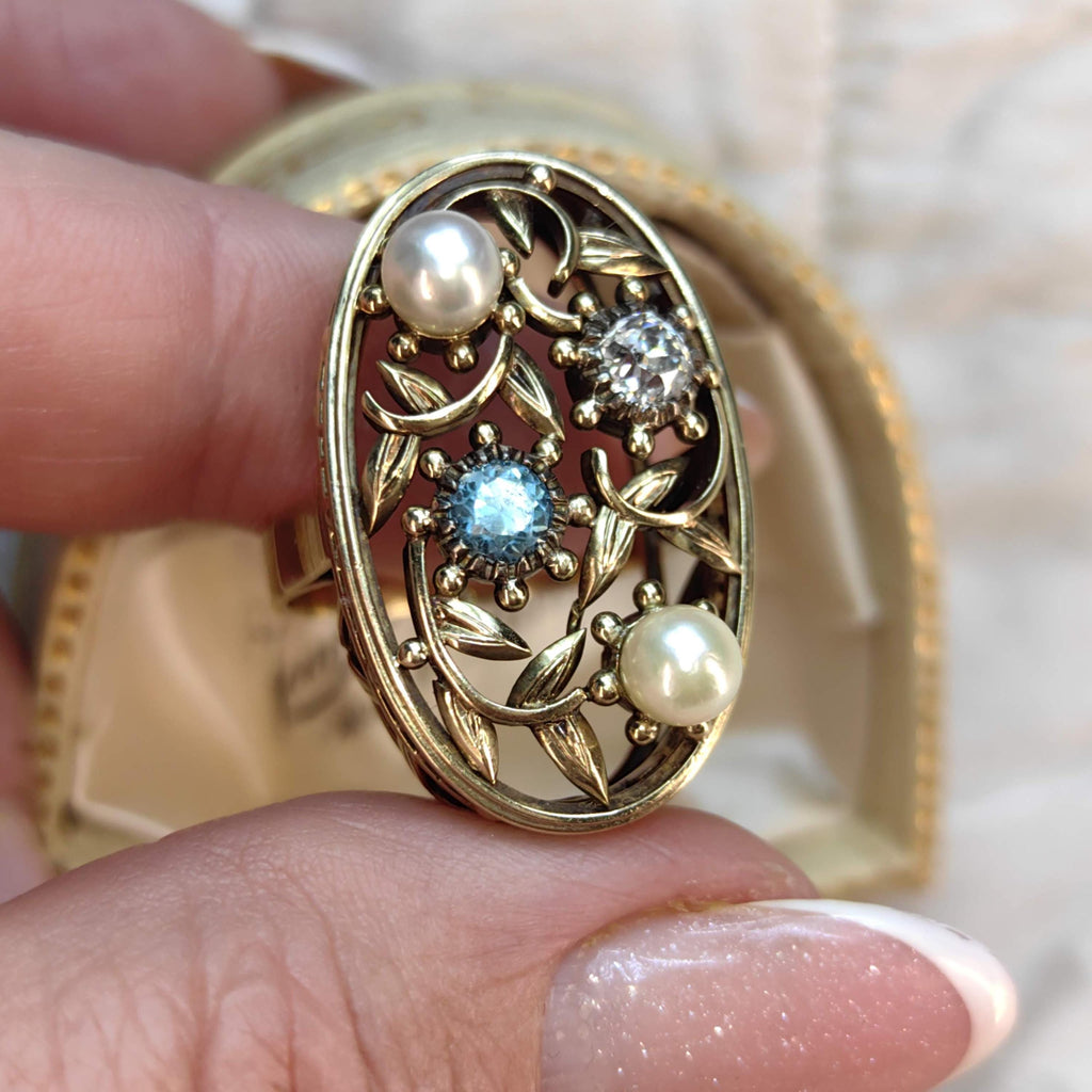 Antique 14k Solid Yellow Rose Gold Art Nouveau 1900s Elegant Ring Diamond, Pearl & Blue Zirconia Floral Handmade Statement Ring