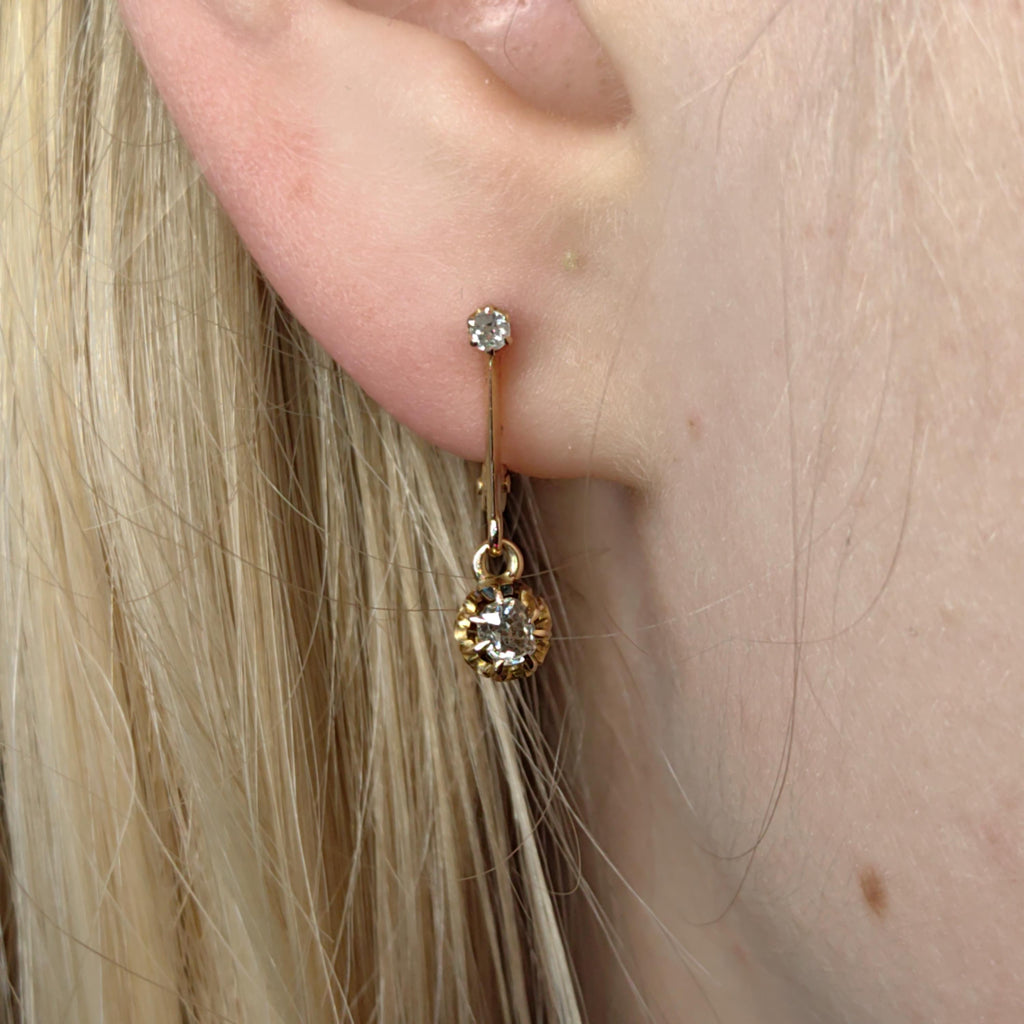 Original 1920s Art Deco Solitaire Dangle 0.30 ct. Bezel setting Diamonds Solid Hallmarked 18k Gold Antique Sleepers Dormouse Earrings