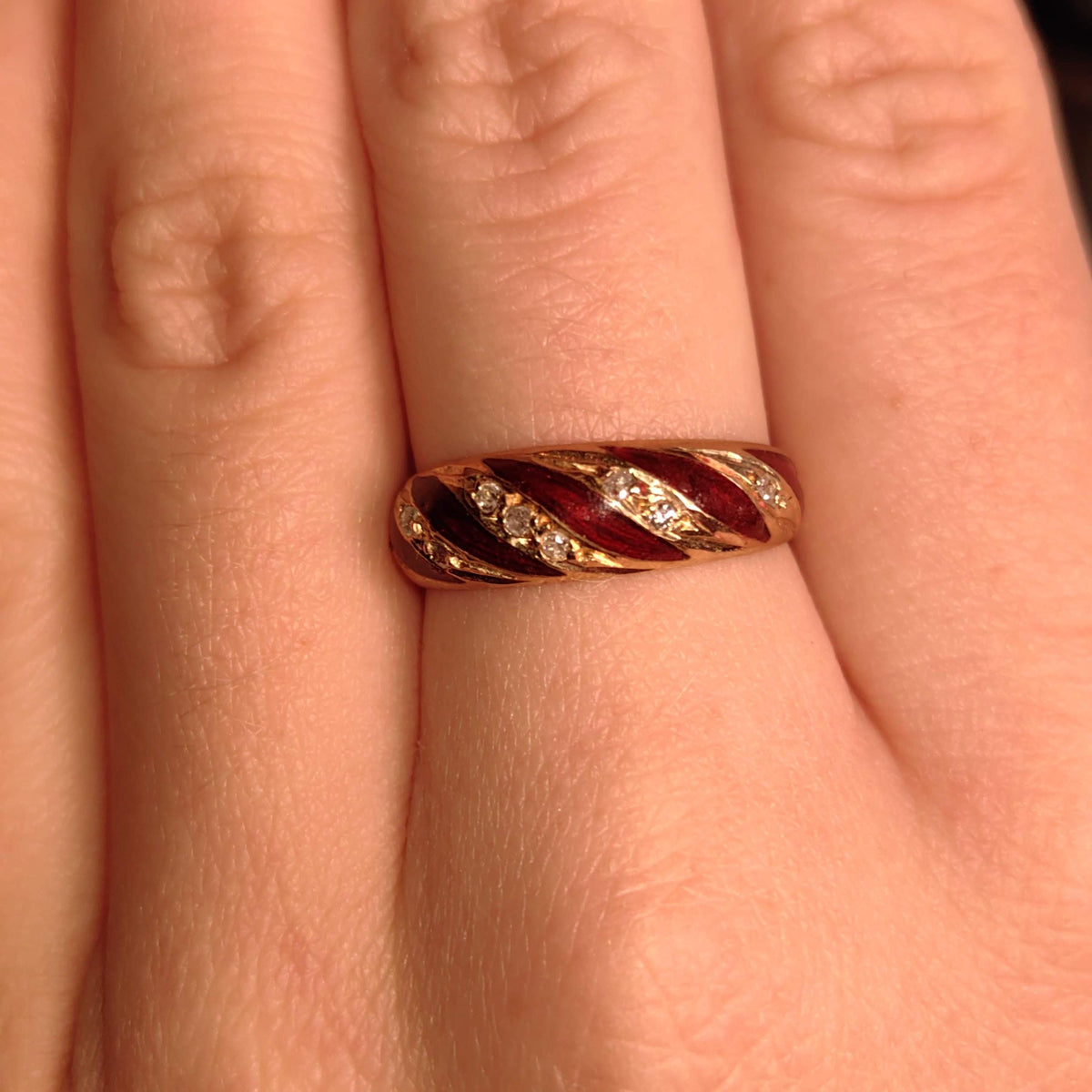 Vintage 1950s Diamond Solid 14k Yellow Gold Red Hand Painted Fire Enamel Wave Design Wedding Band Ring Gift for Her