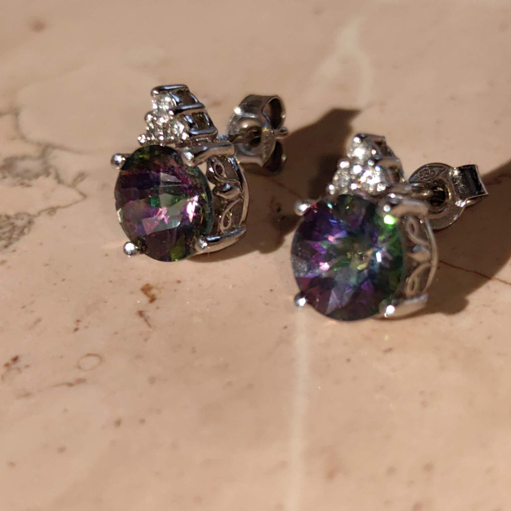 Mystic Topaz Diamond White Gold 14k Solid Gold Stud Cluster Antique Vintage Earrings