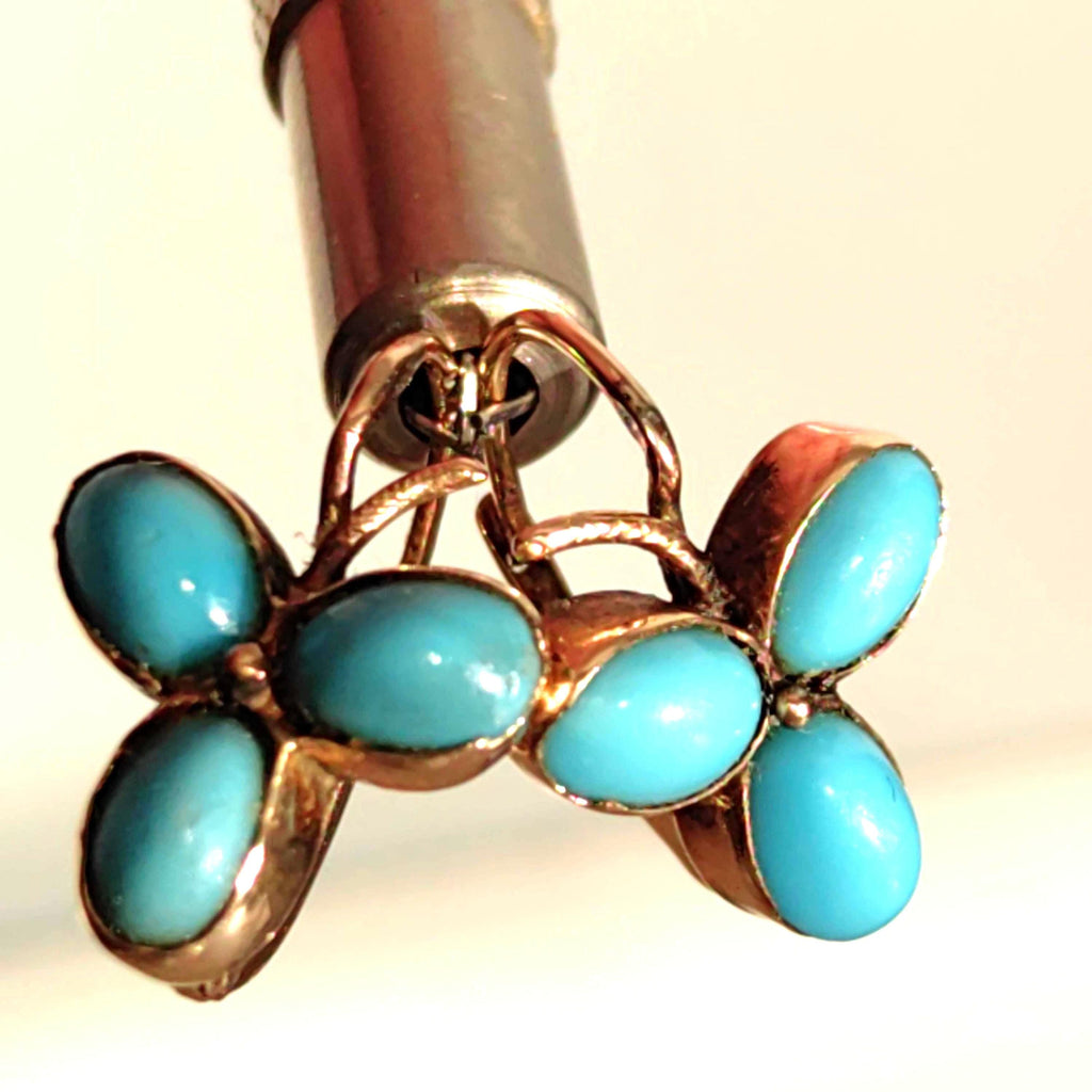 Antique 14k Gold Turquoise Earrings: Art Nouveau Trefoil Sleepers