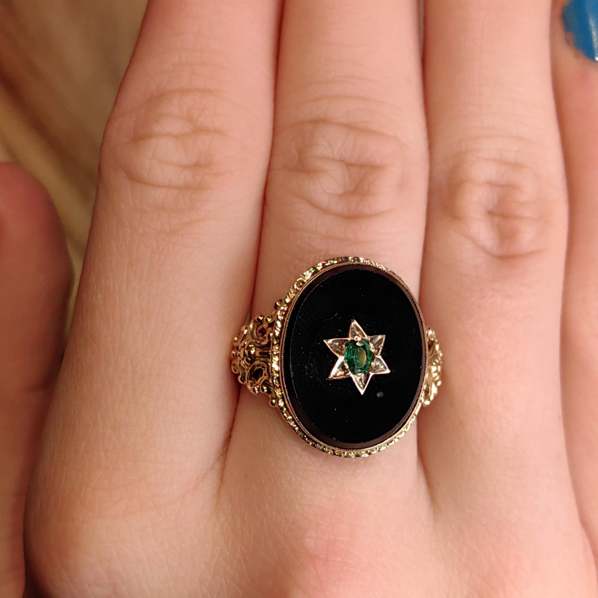 1920s Art Deco Natural Emerald Black Onyx 14k Gold Judaica Star of David Ring, Antique Geometric Statement Ring, Gift for Her