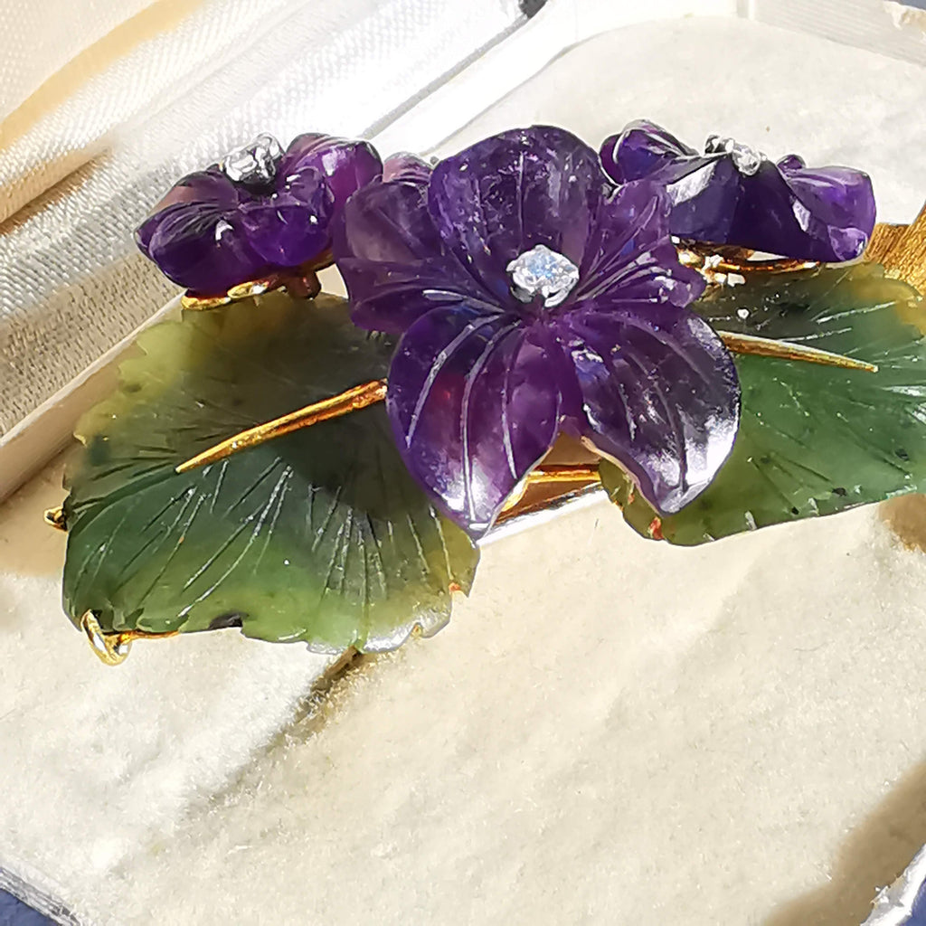 Art Nouveau 1900s Hand Carved Natural Purple Amethyst Jade Diamond 18k Solid Yellow Gold Brooch Antique Floral Violet Pin Gift for her