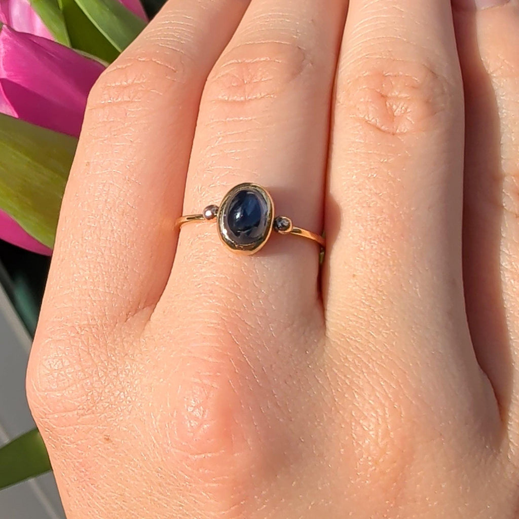 1920s Art Deco Antique Vintage Blue Natural Cabochon Sapphire Solid Yellow Gold Dainty Ring Sapphire Engagement Ring Gift for Her Present