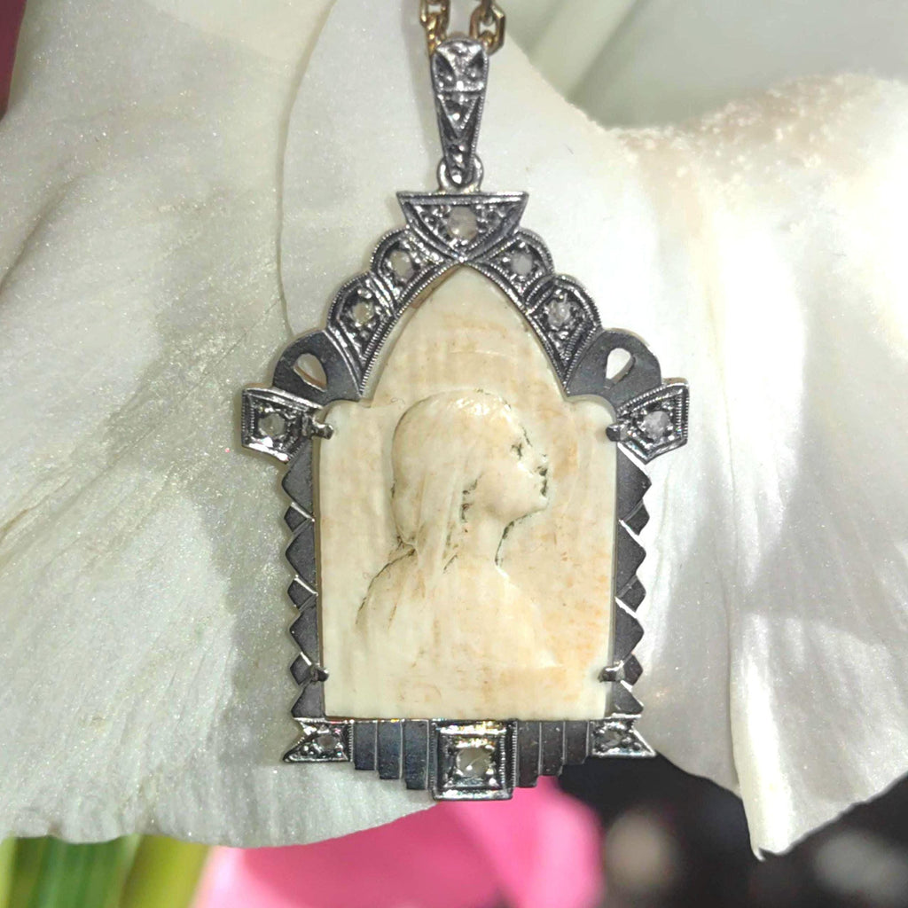Vintage 1930s Diamond Bone Hand Carved Cameo Pendant 18k Gold & Platinum Bone Portrait Medal Antique Present