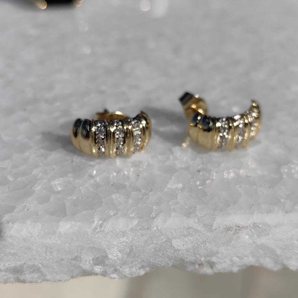 Vintage 14k Yellow Gold Diamond Half Hoop Earrings – Geometric Cluster Fine Jewelry