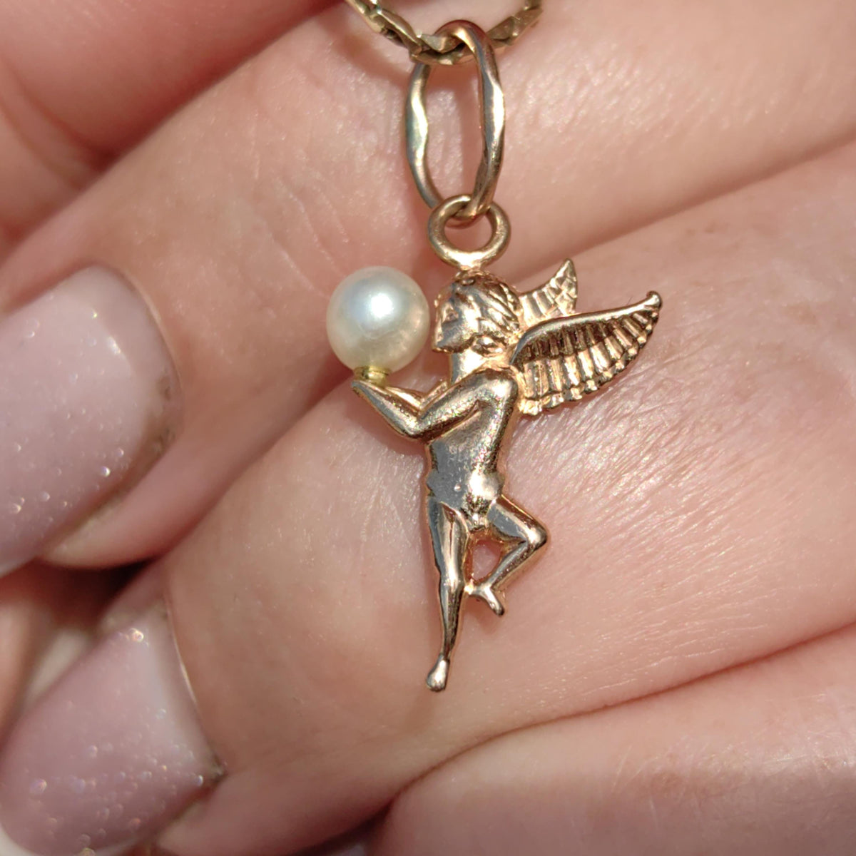 14k Hallmarked  Solid yellow Gold Cherub Cupid Pearl Pendant Valentines Day Vintage Love Charm Necklace Pendant Gift for Her Present