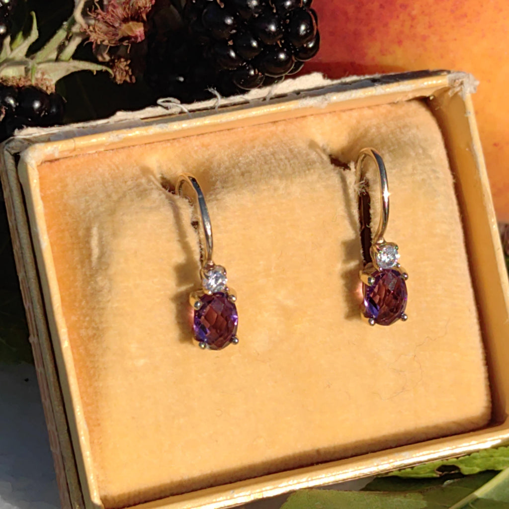 Vintage 14k Gold Amethyst & Diamond Drop Earrings: 1950s Dormeuse Sleepers