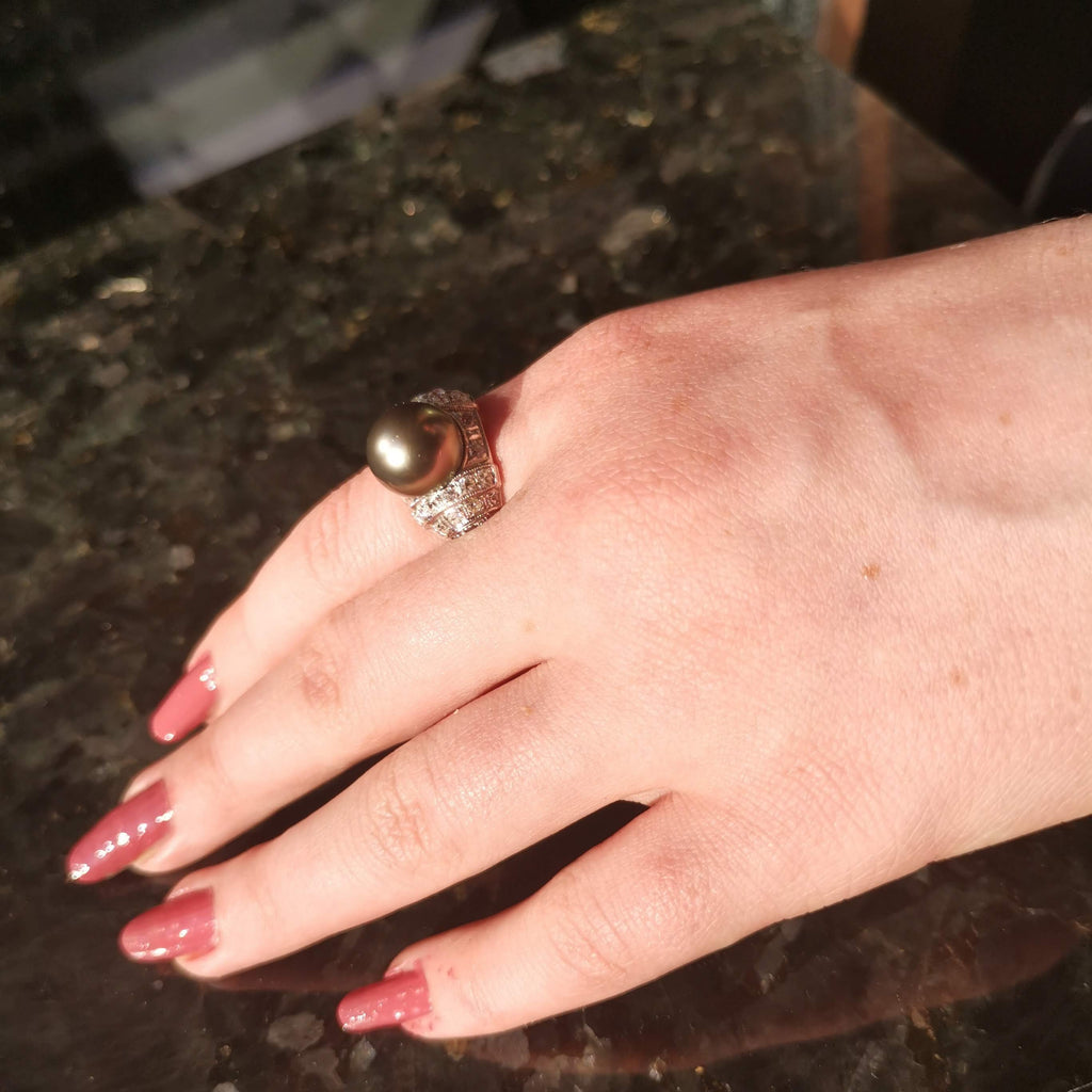 Art Deco Tahitian Pearl Diamond Ring - 1920s White Gold