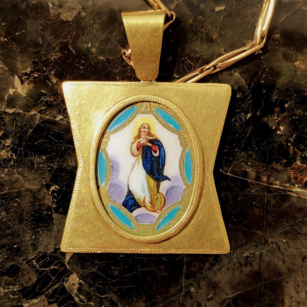 Art Nouveau 14K Gold Madonna Pendant: Antique Hand-Painted Enamel
