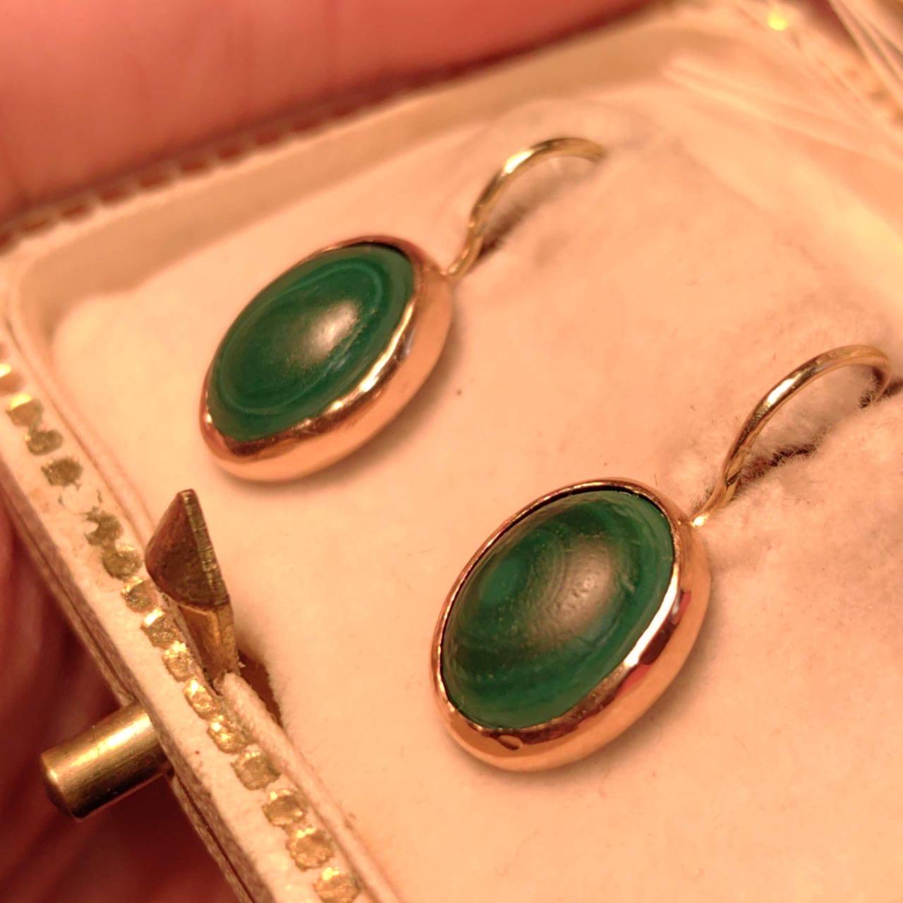Vintage Art Nouveau Malachite 14k Gold Earrings
