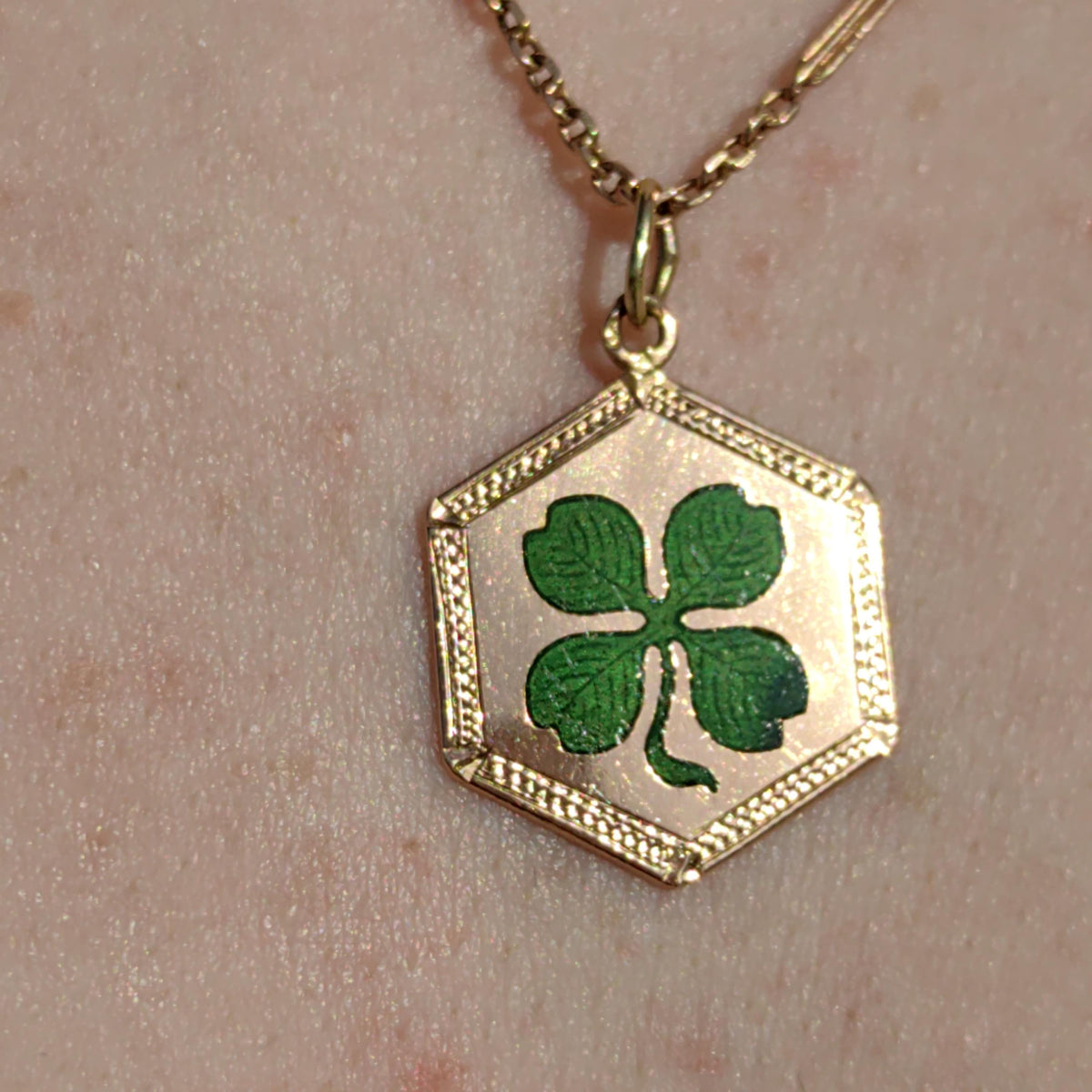 14k Gold Clover Pendant: Art Nouveau Enamel Four Leaf Luck Charm