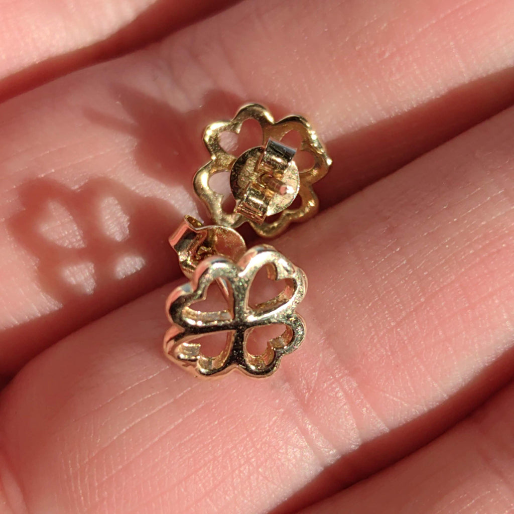 Clover Vintage 14k Solid Yellow Gold Elegant Openwork Design Dainty Stud Earrings  Push Back Closure Earrings Gift for Her Present