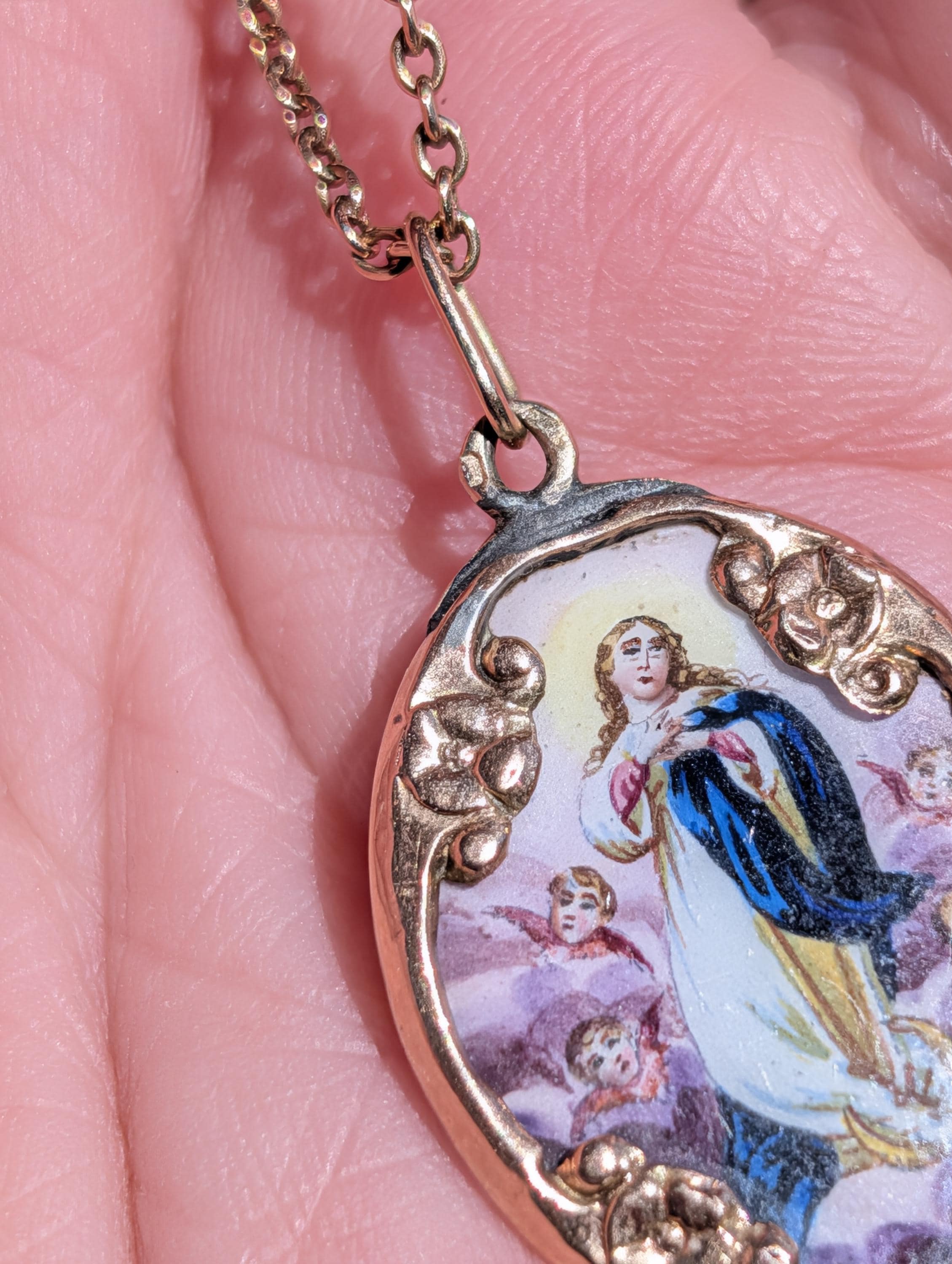 Antique 14k Gold Virgin Mary Pendant Hand Painted Enamel Religious Medal Catholic Charm Madonna Necklace Gift