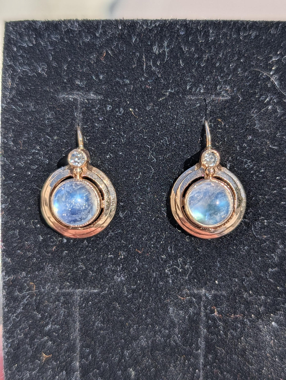 1920s Art Deco Moonstone Diamond Earrings, 14k Rose Gold, Hungarian Hallmarked Dangle