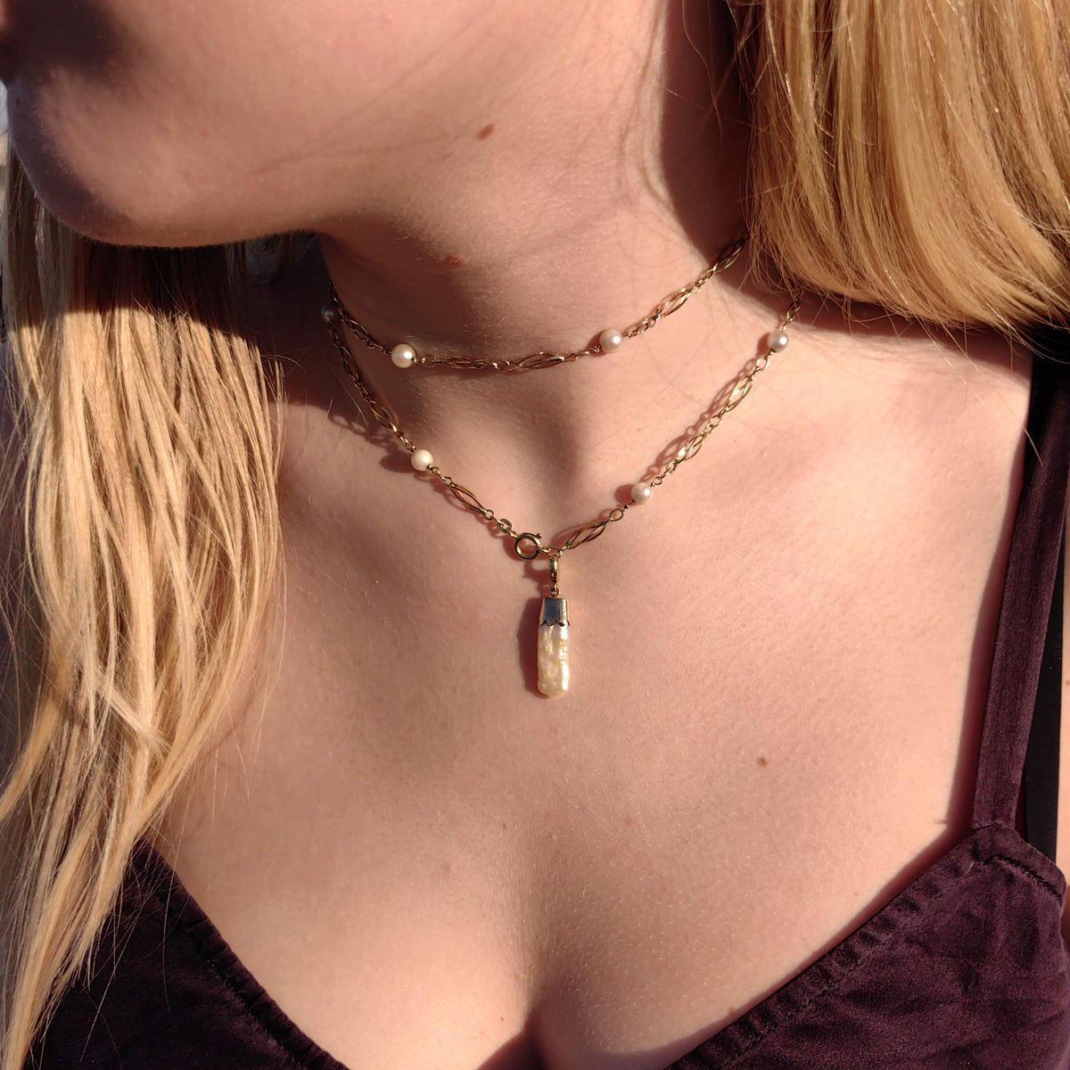 Vintage 14k Gold Pearl Beaded Chain Necklace - 73cm Art Deco Gift