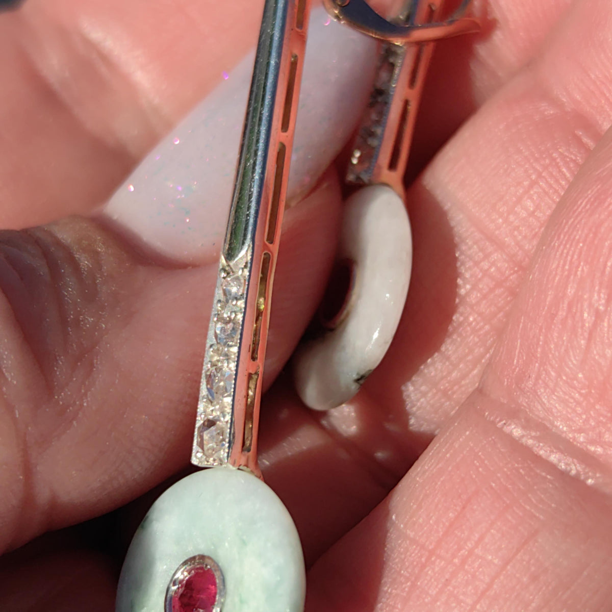 Unic Art Deco white/green Jade Drop Dangle Earrings old cut Diamond Natural Ruby 14k Solid white/yellow Gold ancient Jade discs stunning