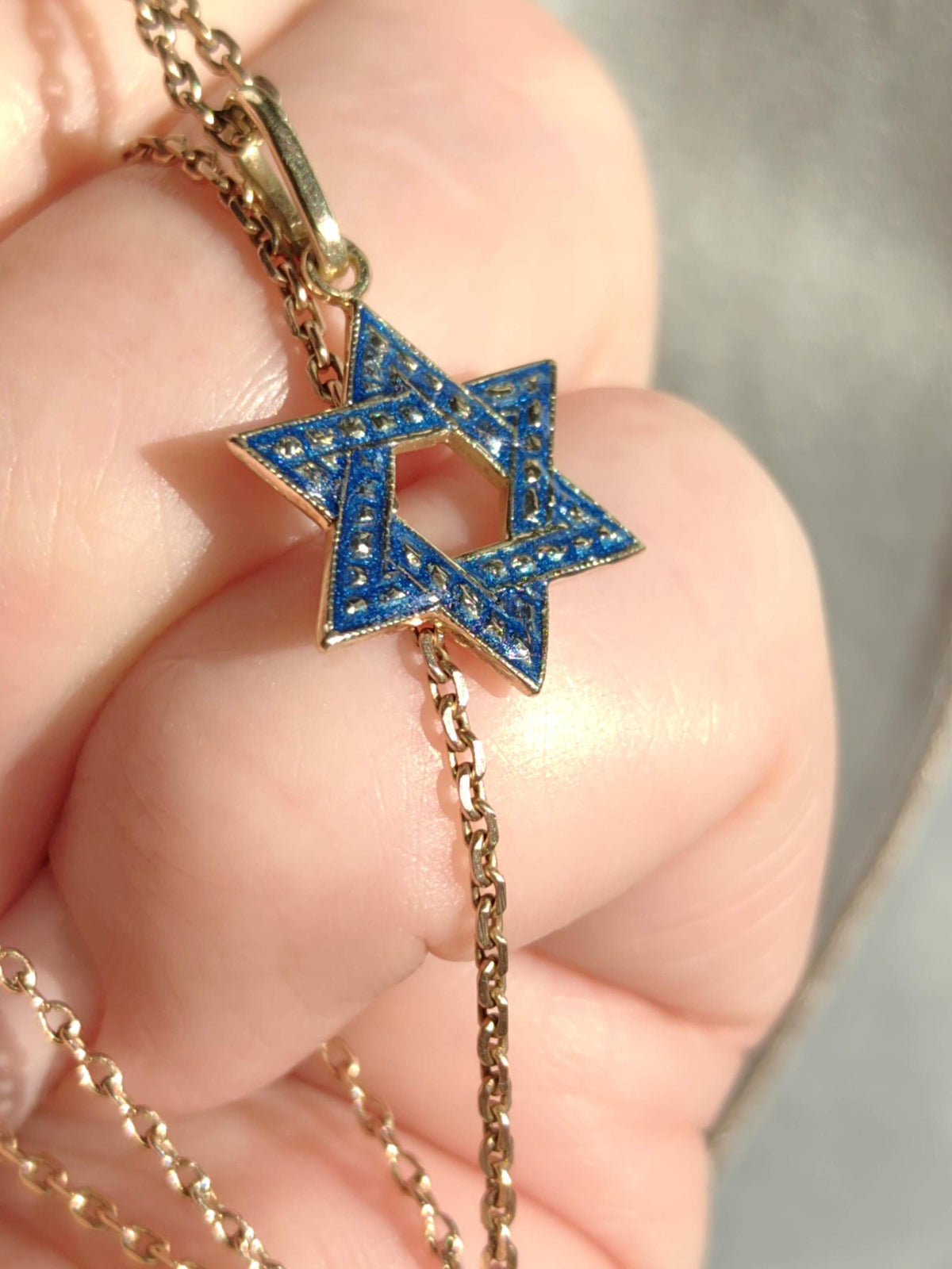 Vintage 14k Gold Star of David Pendant: Blue Enamel Judaica Charm