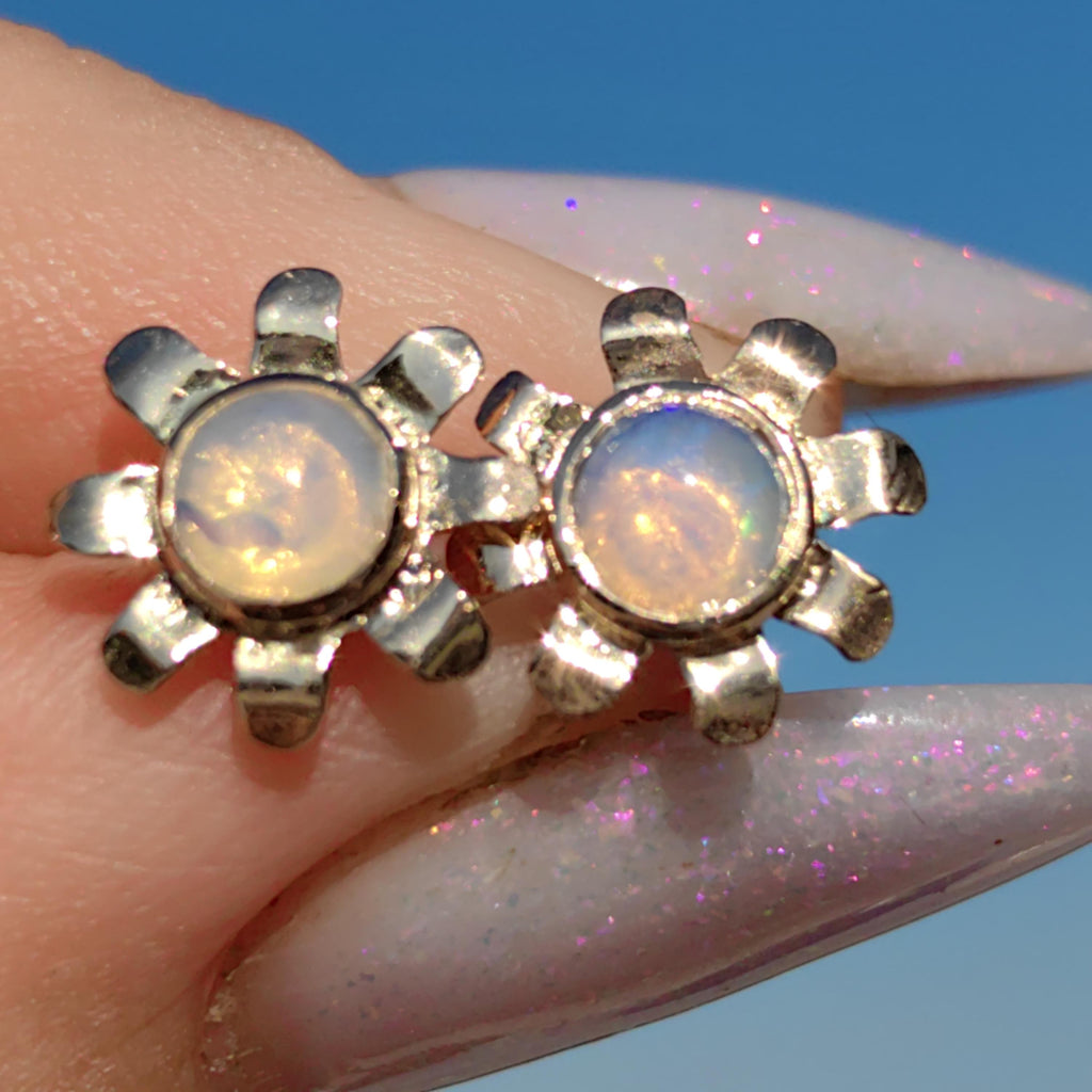 Vintage 14k Gold Opal Flower Stud Earrings: Art Nouveau Floral Design