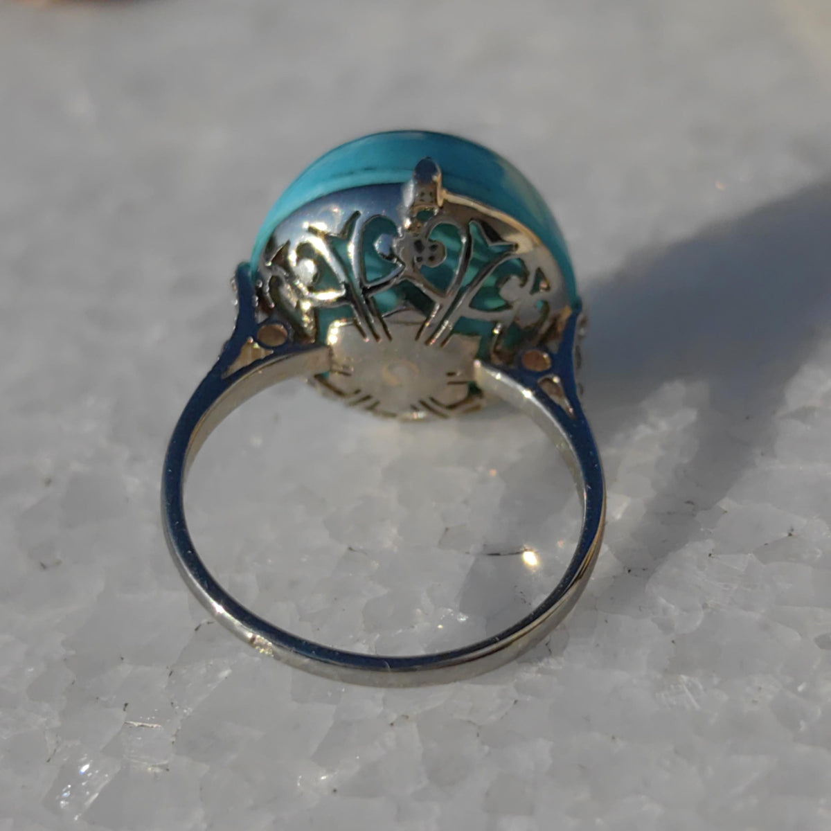 1920s Art Deco 18K White Gold Natural Blue Turquoise Diamond Ring, French Hallmark Antique Statement Engagement Jewelry