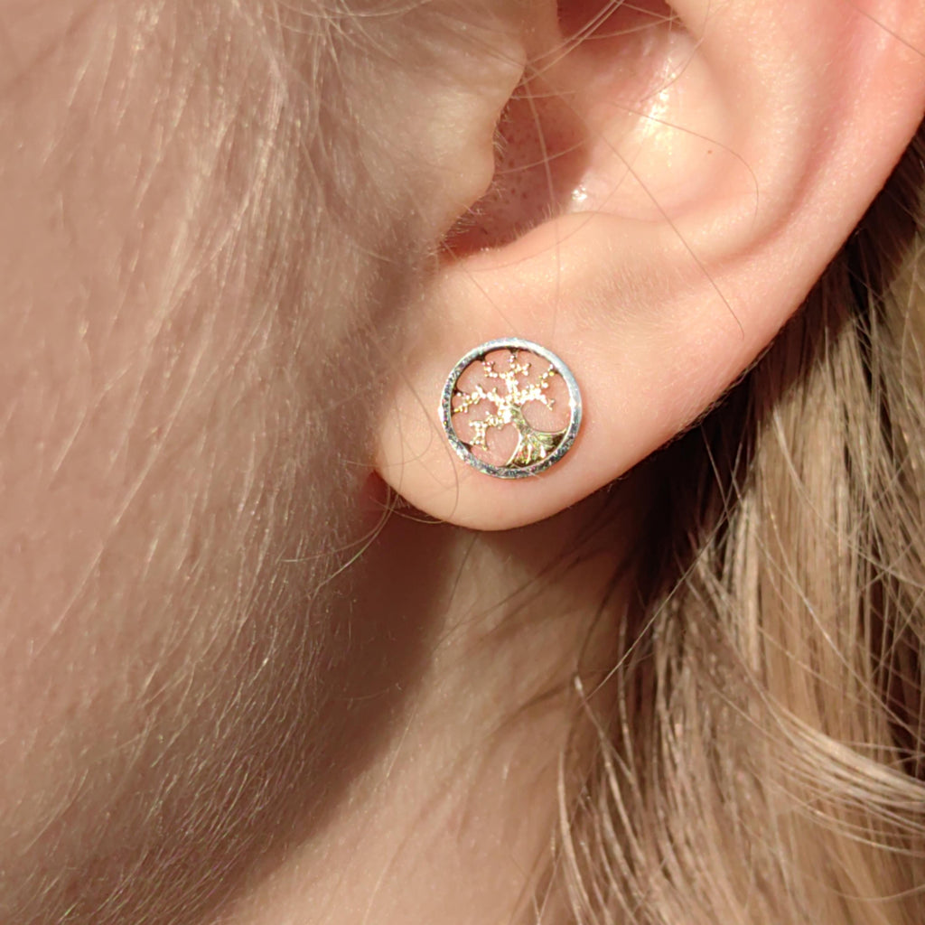 14k 585 Hallmarked Solid Yellow and White Gold Tree of Life Stud Earrings Nature Forest Minimalist Symbolic Push Back Elegant Gift for Her
