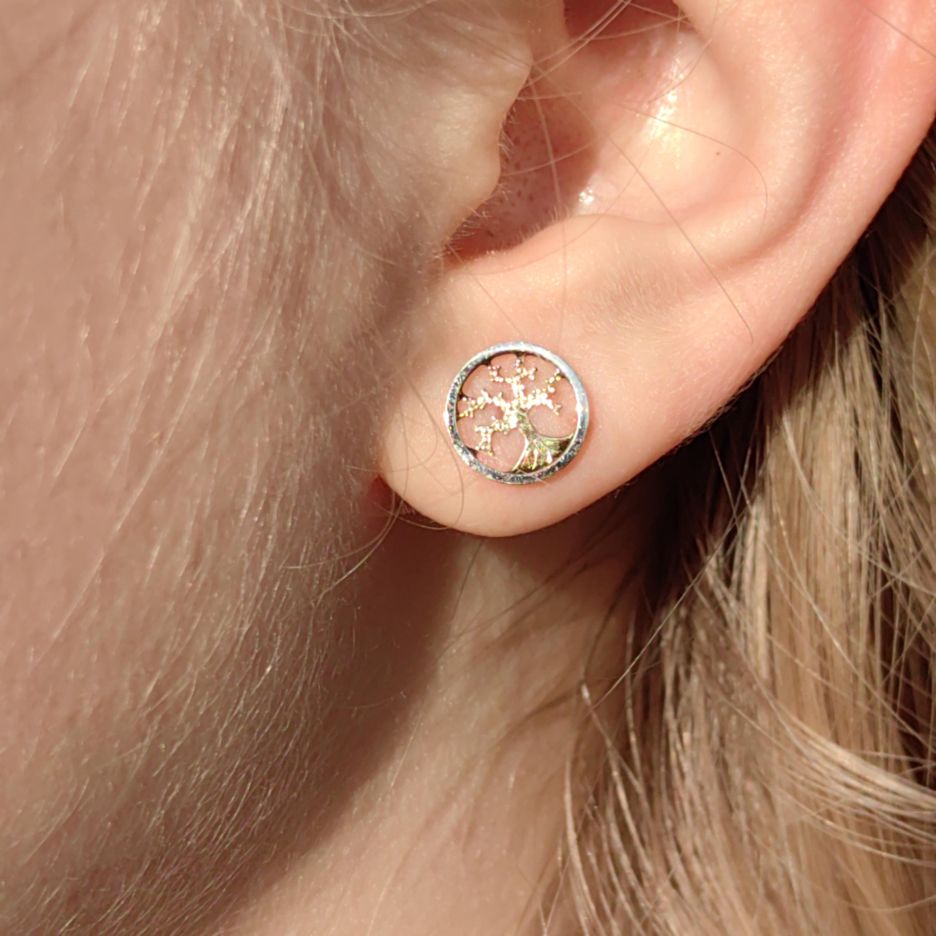 14k 585 Hallmarked Solid Yellow and White Gold Tree of Life Stud Earrings Nature Forest Minimalist Symbolic Push Back Elegant Gift for Her