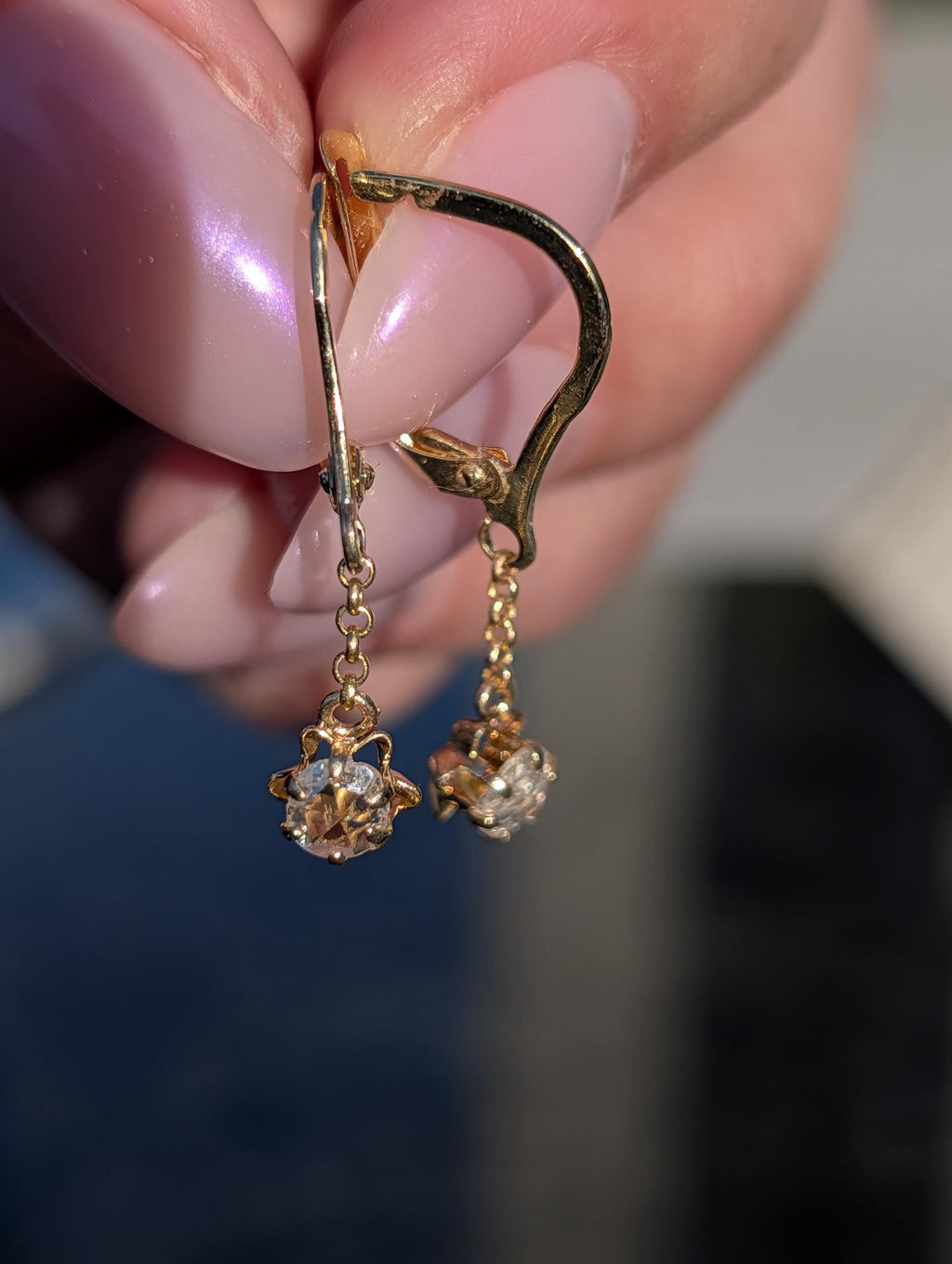 1950s Holland Rose Cut Diamond Dangle Earrings 14k 585 Yellow Gold, Vintage Lever Back Drop Statement Gift for Her