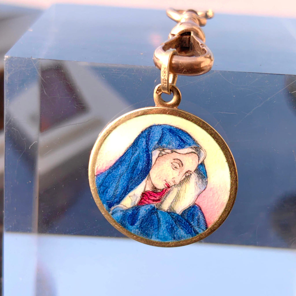 Vintage 14K Gold Virgin Mary Pendant: Hand-Painted Enamel Catholic Charm