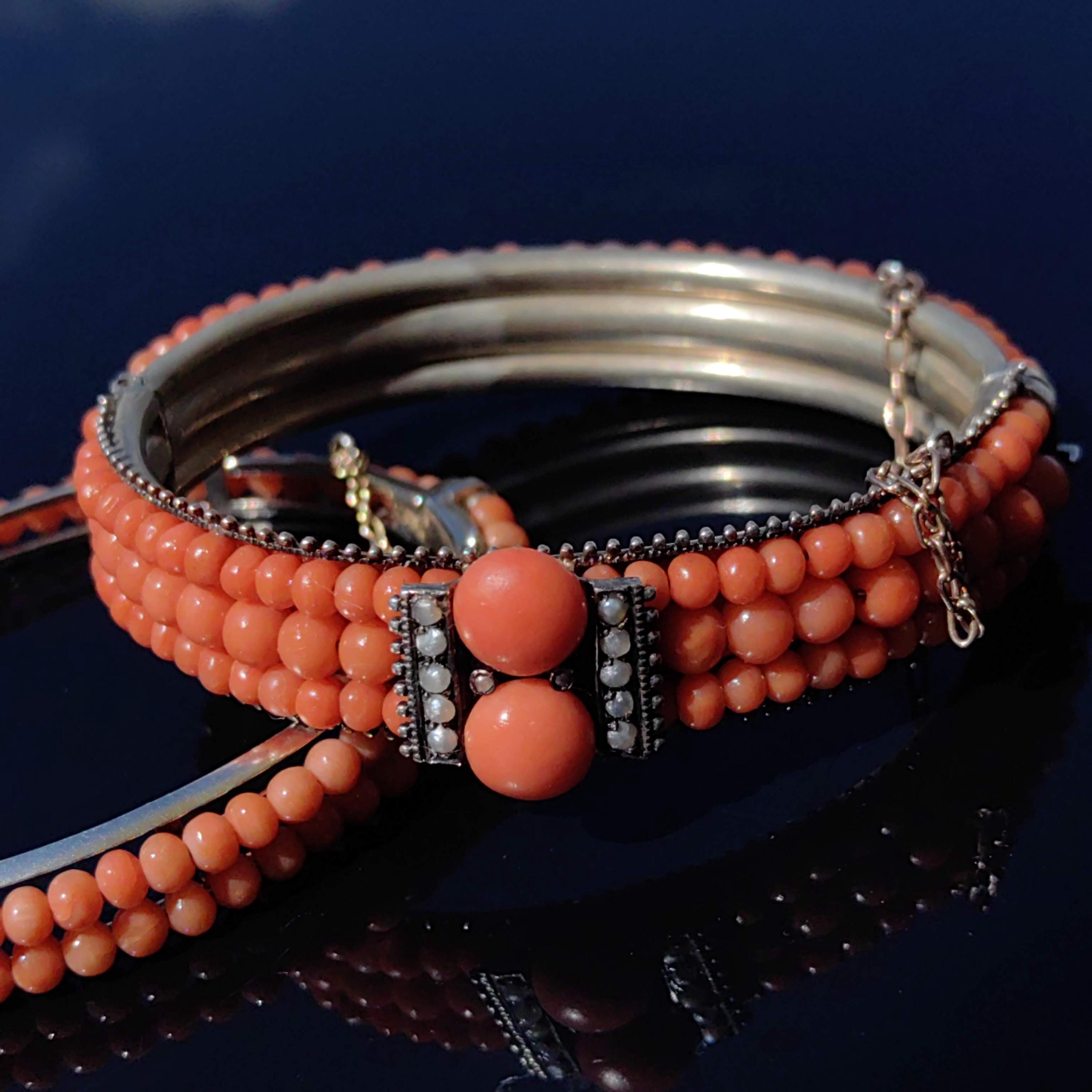 Victorian 800 Silver Coral Bangle Bracelet: Pearl Accent Statement Jewelry