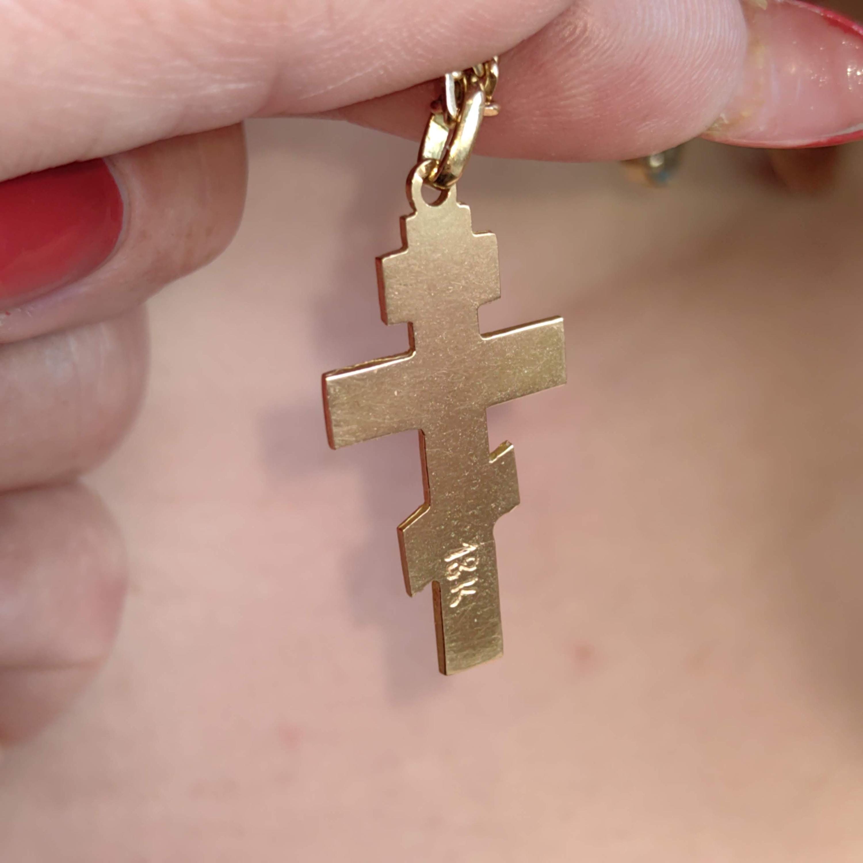 Diamond Orthodox Cross Pendant: 18K Yellow Gold Byzantine Necklace