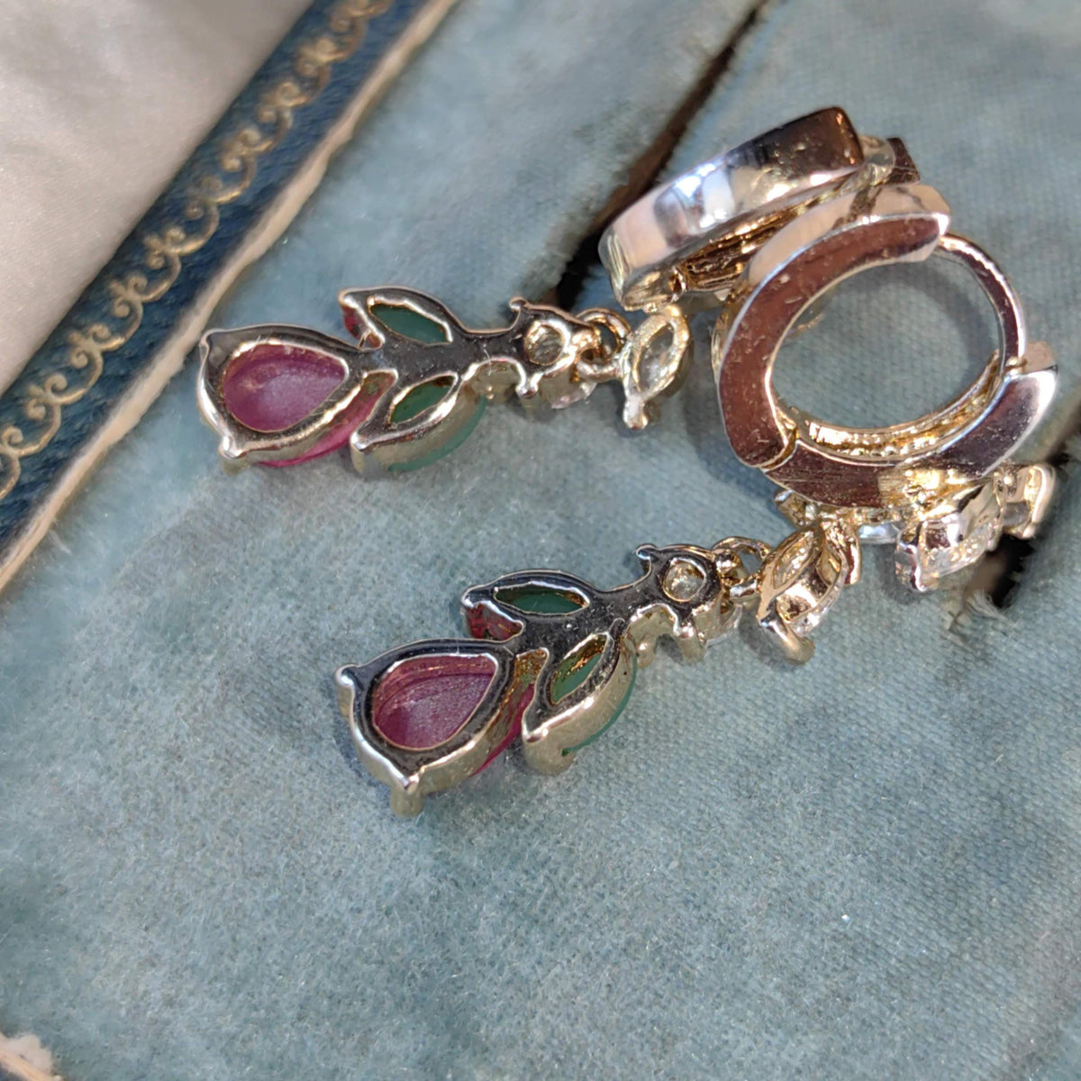 9k Gold Floral Dangle Earrings: Ruby, Emerald & Cubic Zirconia