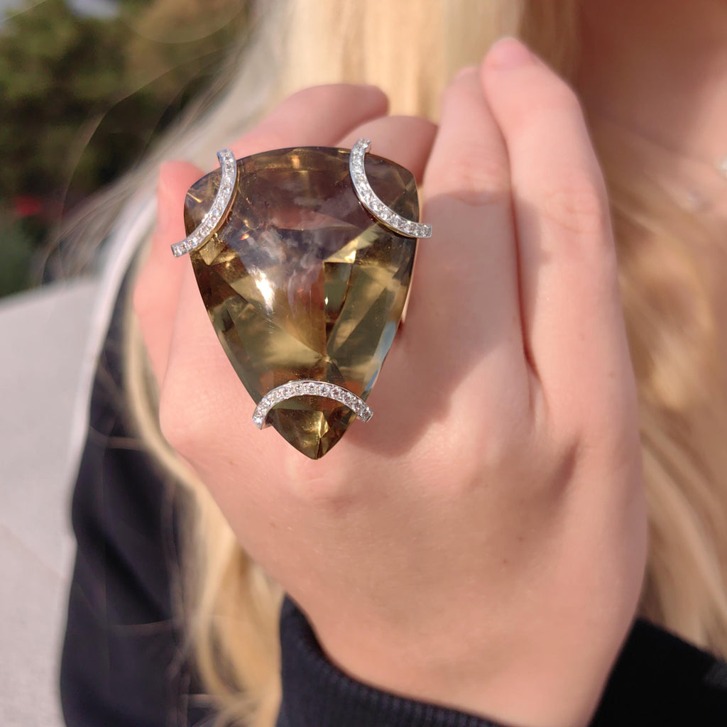 Large Smokey Quartz Statement Ring 14K Gold Vintage Bold Cocktail Ring Yellow Rose Gold Massive Gemstone Ring Gift for Her