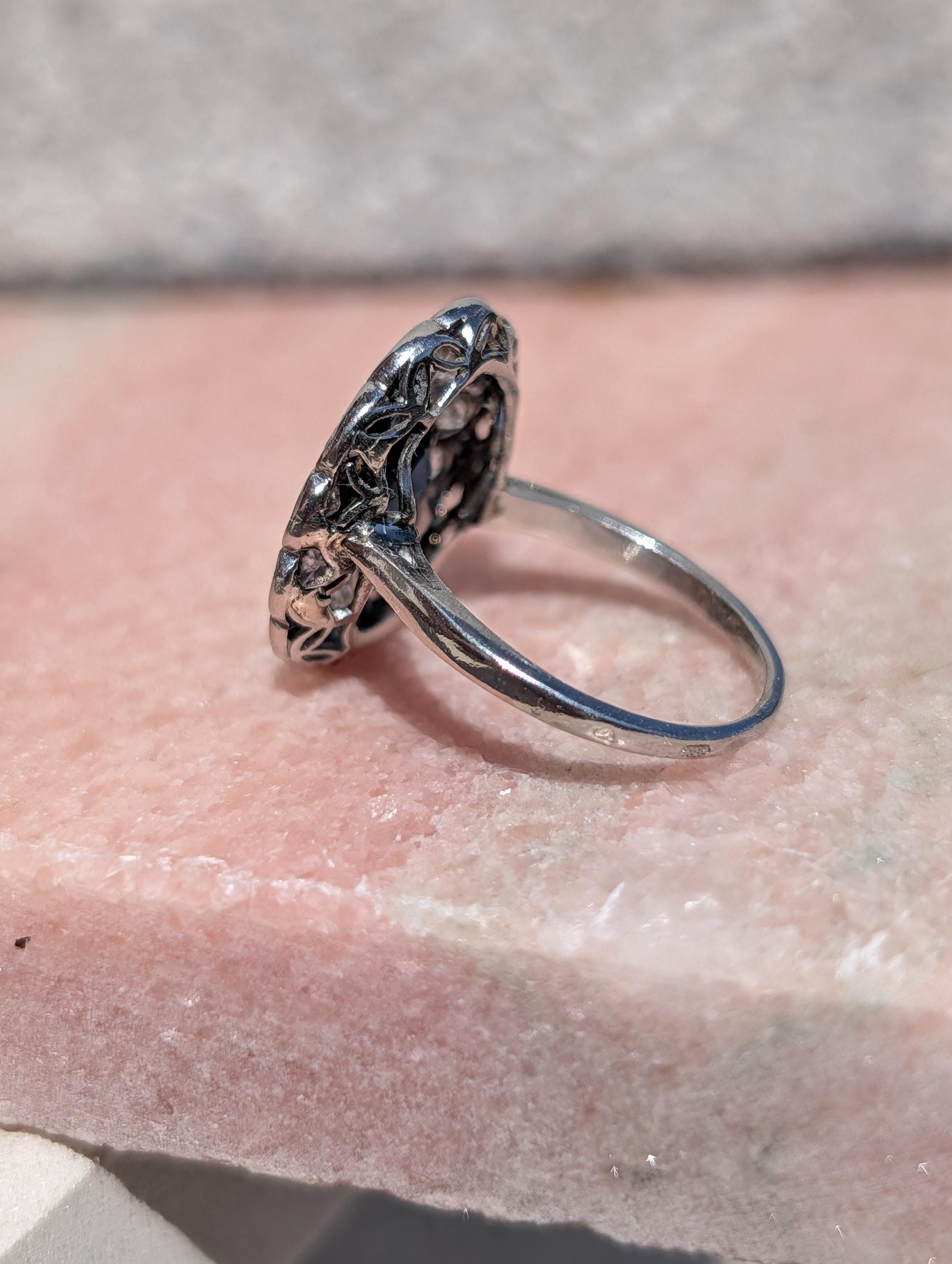 1920s French Art Deco Platinum Sapphire Diamond Ring – European Cut Statement Piece