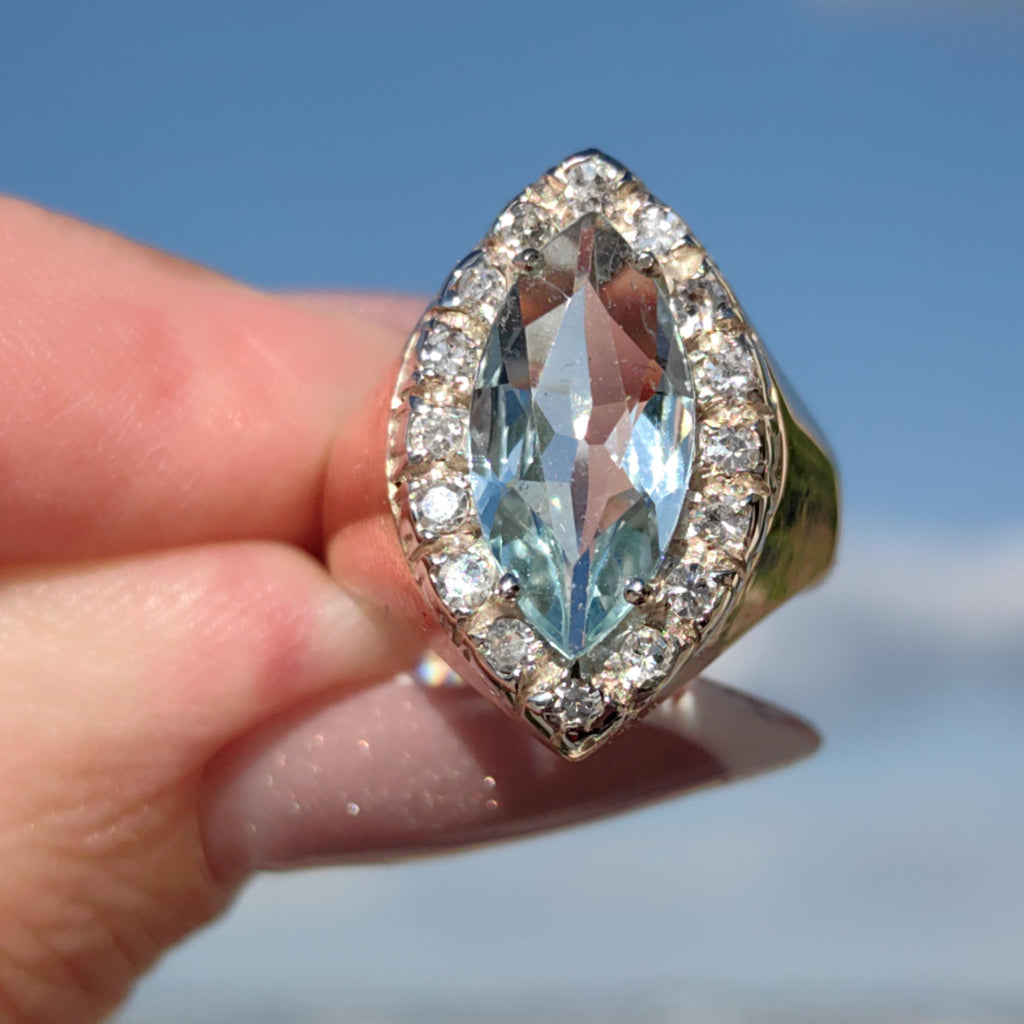 Vintage Art Deco Aquamarine Diamond Ring: 14k Yellow Gold Marquise Cut