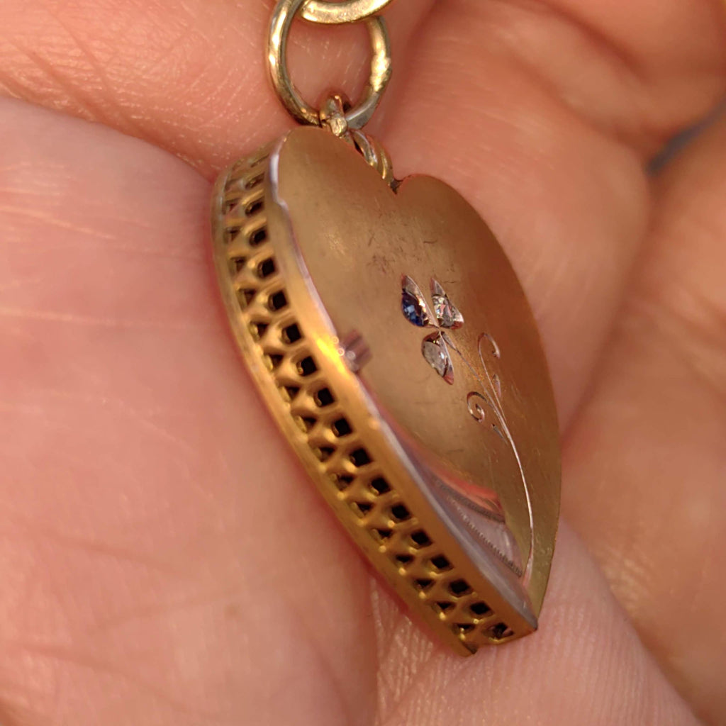 Victorian 14k Gold Heart Pendant: Diamond Sapphire Floral Necklace, 1880s Antique Charm